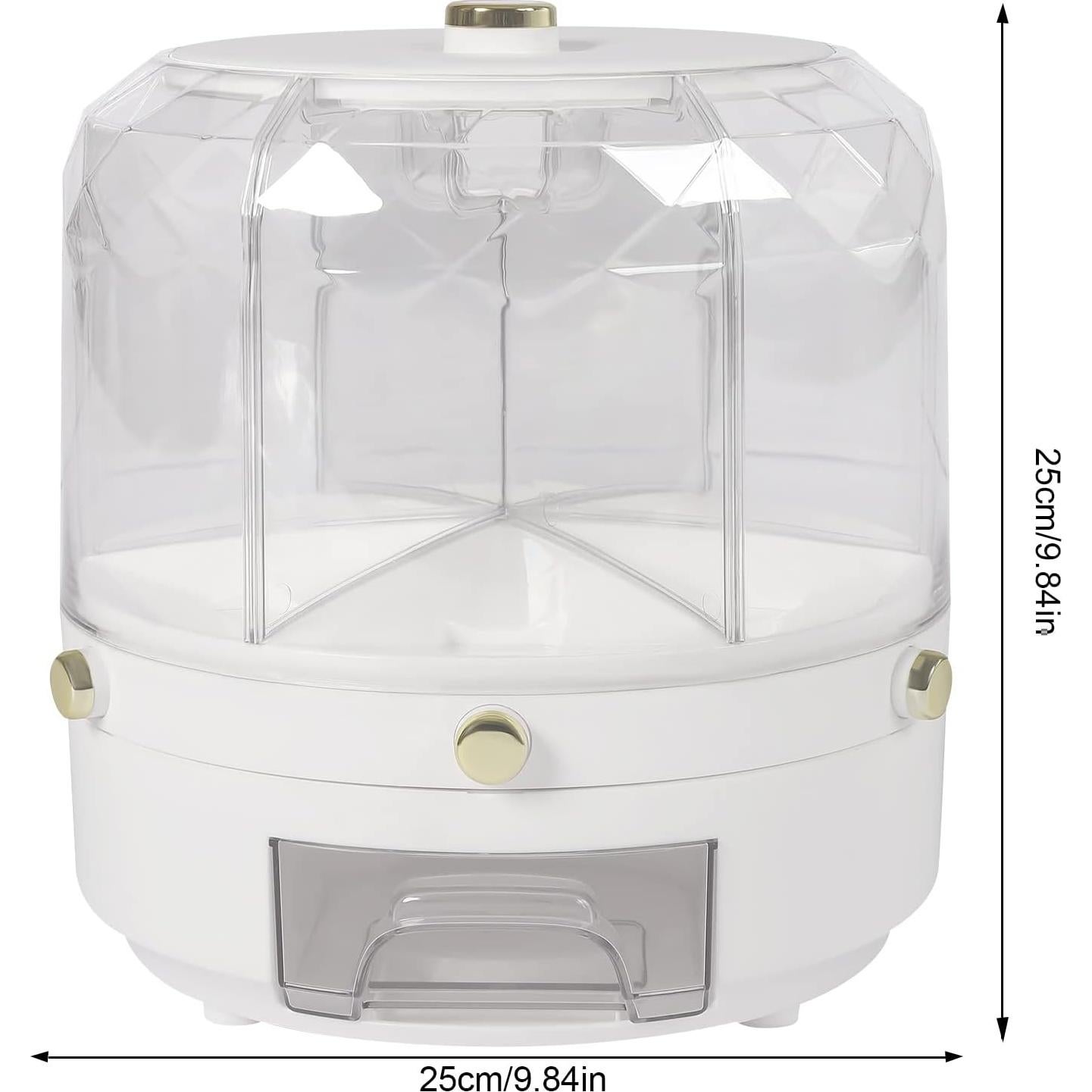 360°Rotating Rice and Grain Dispenser with 6 Compartments - Sealed Storage Container, One-Button Pressing Storage Bucketfor Snacks Candy Coffee Beans and Dog Food (White)