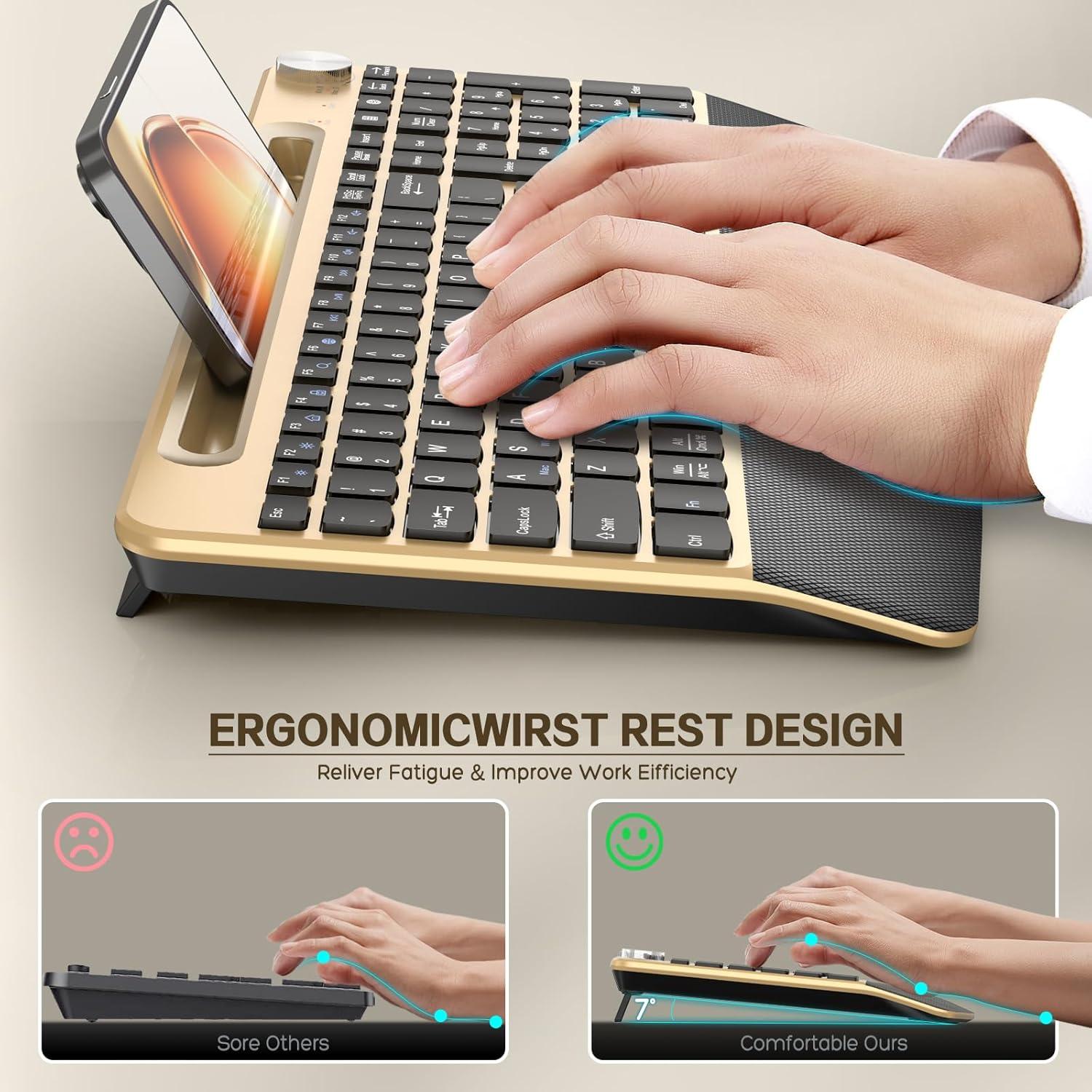 Teclado Inalámbrico Ergonómico GAMCATZ Oro con Reposamuñecas