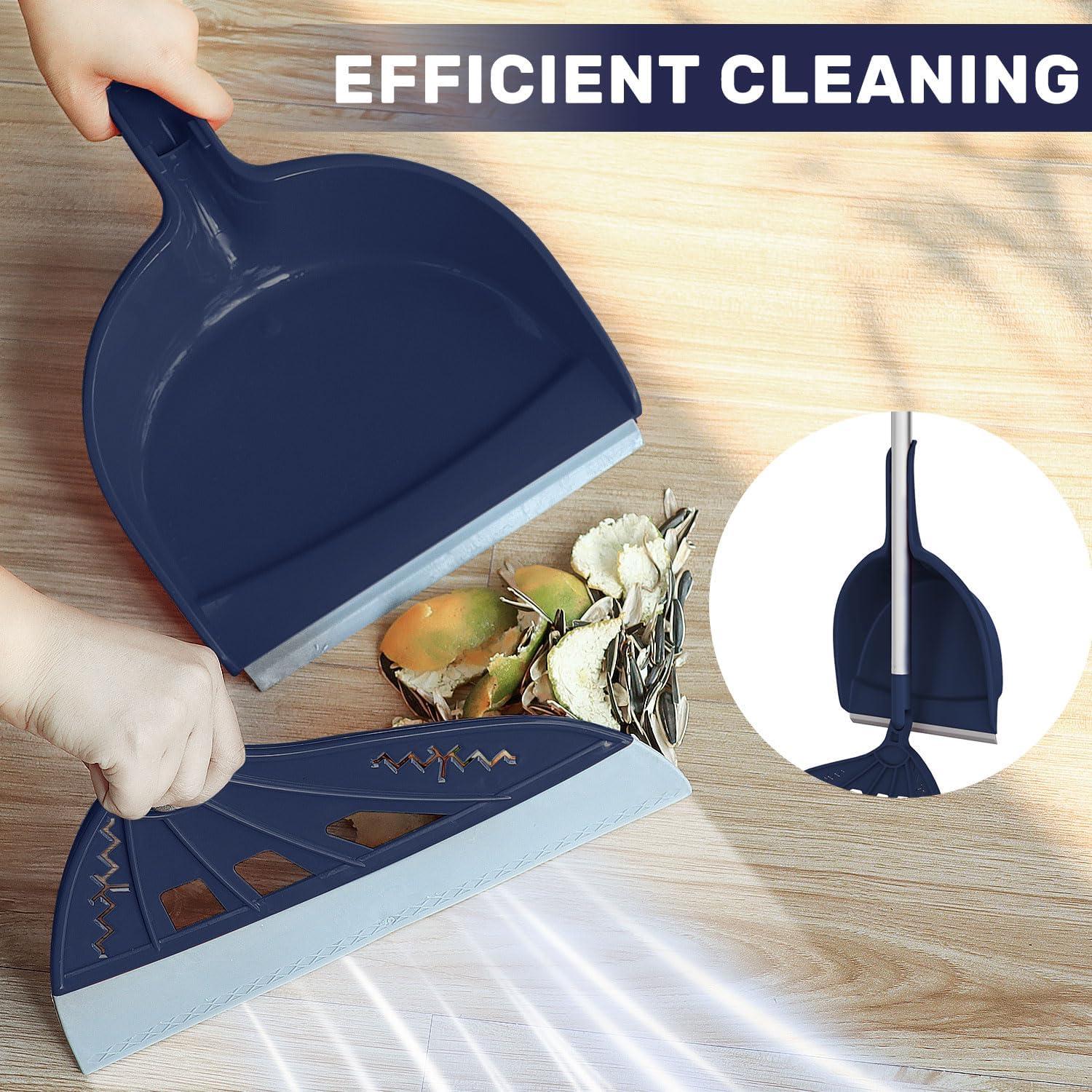 Magic Air Broom with Dustpan, Multifunction Magic Broom and Fixed Scraper, Household Floor Squeegee with Extra-Long Adjustable Aluminum Handle for Floor, Glass, and Tile (Blue)