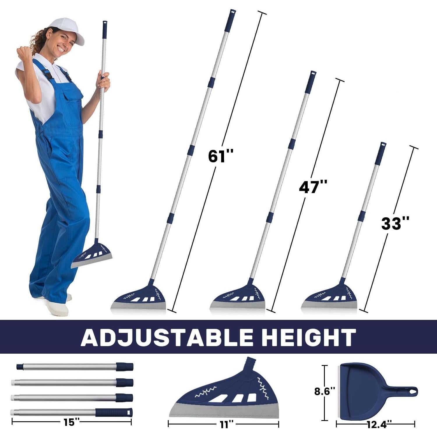 Magic Air Broom with Dustpan, Multifunction Magic Broom and Fixed Scraper, Household Floor Squeegee with Extra-Long Adjustable Aluminum Handle for Floor, Glass, and Tile (Blue)