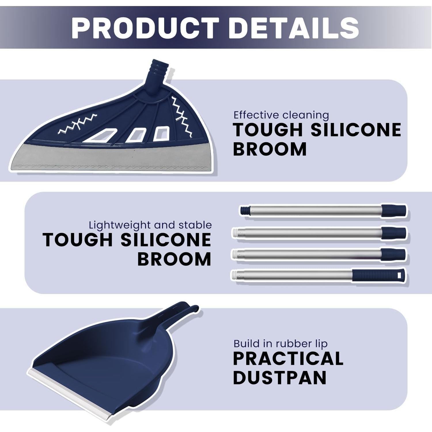 Magic Air Broom with Dustpan, Multifunction Magic Broom and Fixed Scraper, Household Floor Squeegee with Extra-Long Adjustable Aluminum Handle for Floor, Glass, and Tile (Blue)