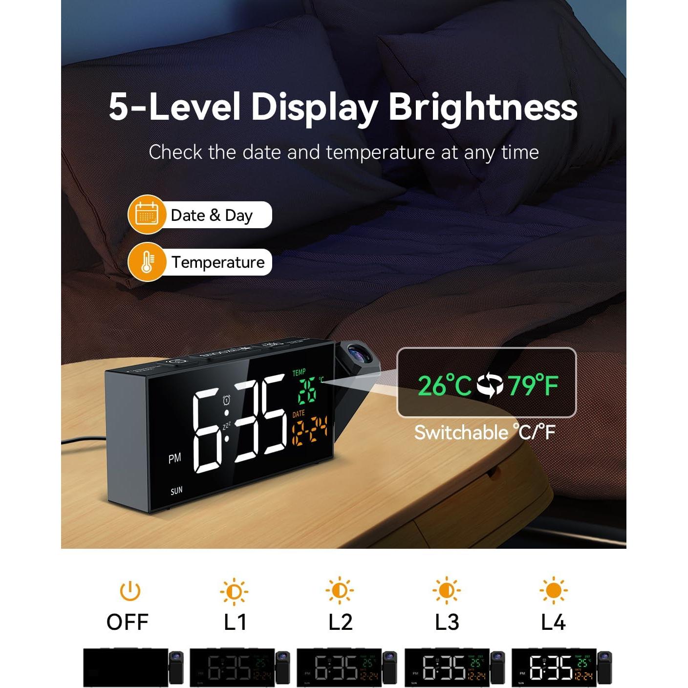 Reloj Despertador Proyector Netzu 6210PB Negro con Temperatura