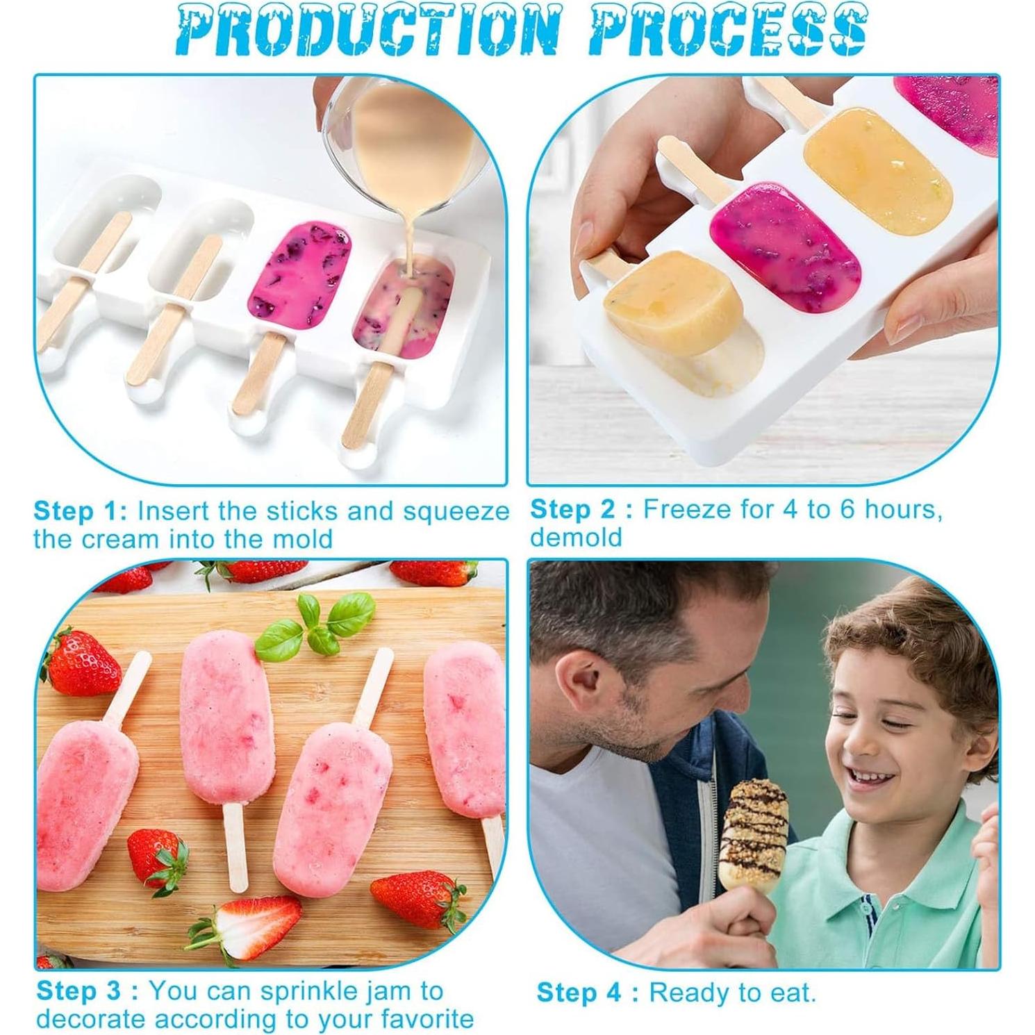 2 Small Mini Popsicles Molds, Cakesicle Molds Silicone Cake Pop Mold 4 Cavities With 100 Wooden Sticks & 100 Parcel Bags DIY Ice Cream Mold