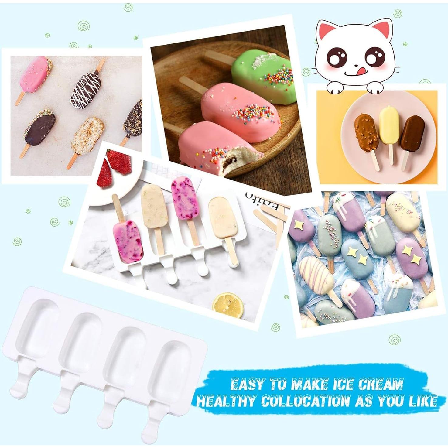 2 Small Mini Popsicles Molds, Cakesicle Molds Silicone Cake Pop Mold 4 Cavities With 100 Wooden Sticks & 100 Parcel Bags DIY Ice Cream Mold