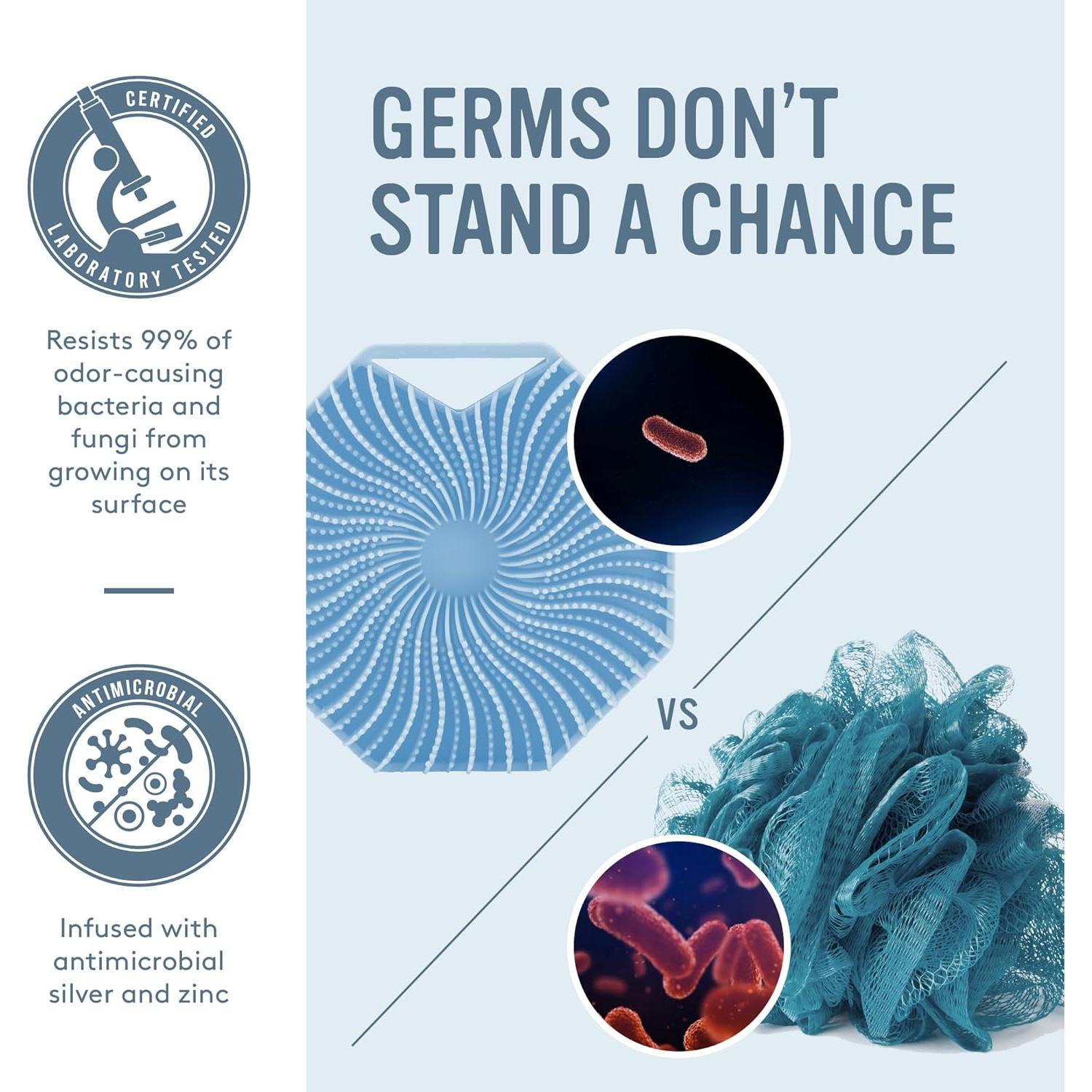 Sud Scrub® Antimicrobial Silicone Body Scrubber, Exfoliating Body Scrubber for Sensitive Skin, Eco Friendly Shower Scrubber for Body, Silicone Body Brush for Showering, Blue