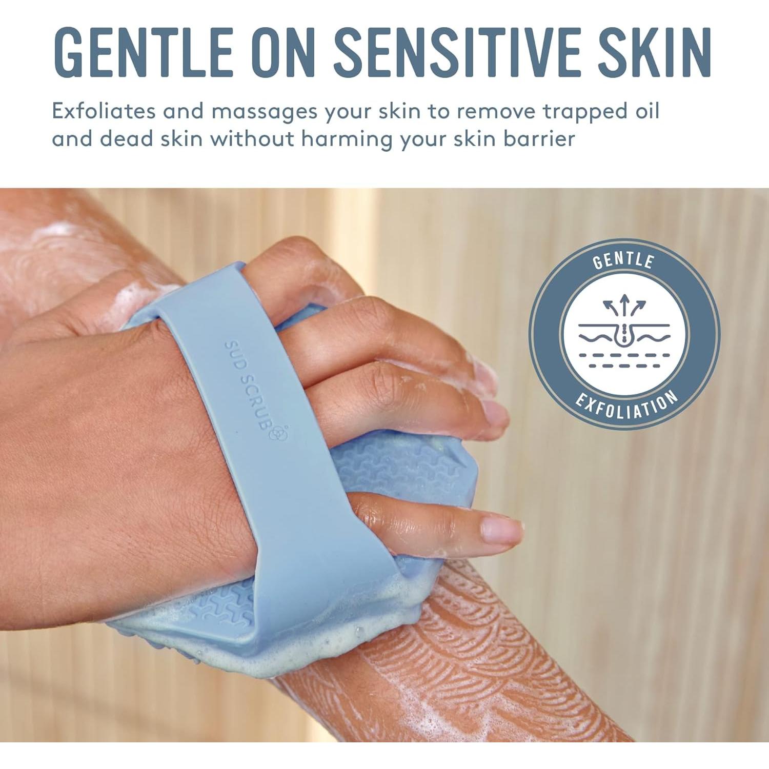 Sud Scrub® Antimicrobial Silicone Body Scrubber, Exfoliating Body Scrubber for Sensitive Skin, Eco Friendly Shower Scrubber for Body, Silicone Body Brush for Showering, Blue