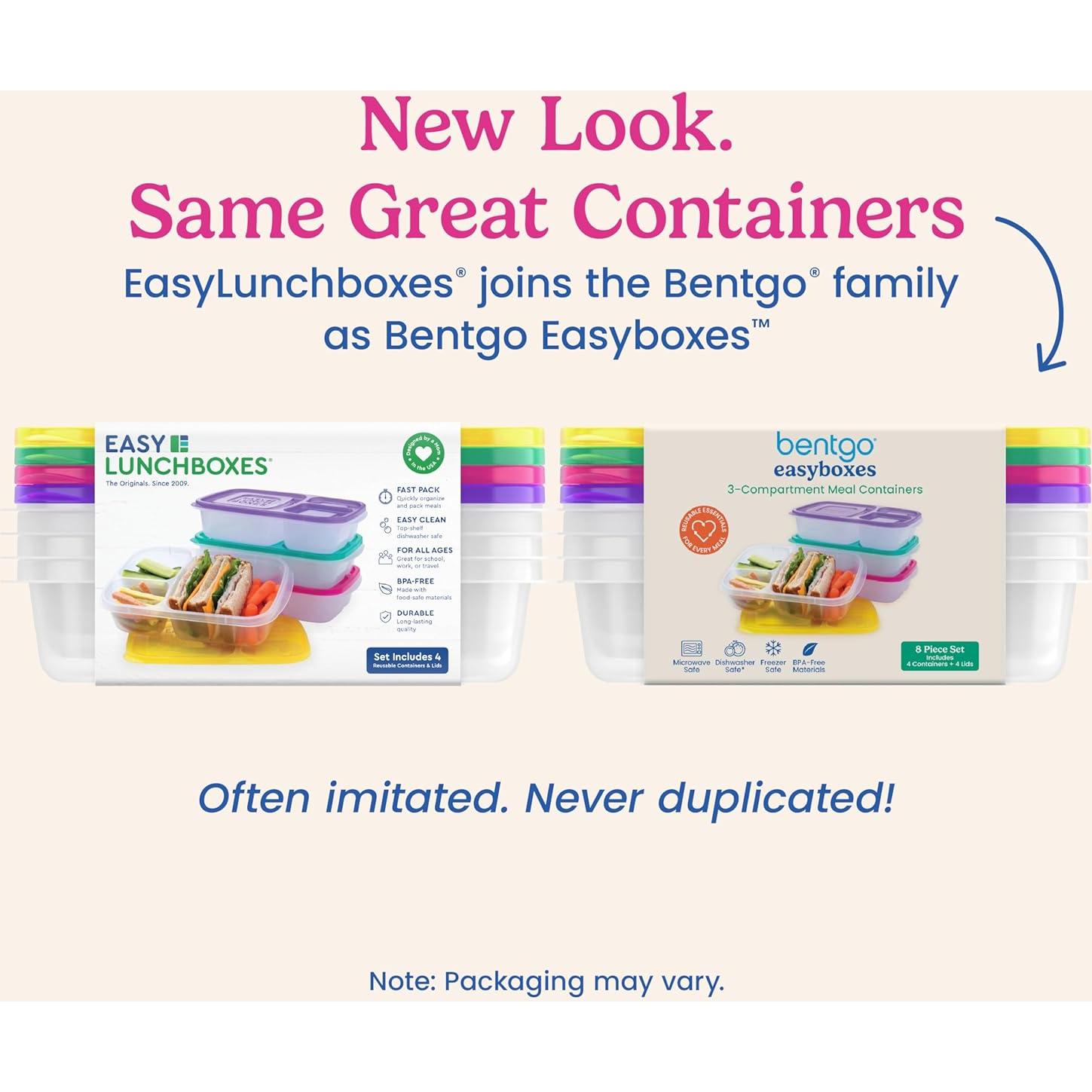 Bentgo Easyboxes - Original Stackable Lunch Boxes - Reusable 3-Compartment Food Containers for Kids and Adults - Bento Lunch Box for Meal Prep, School, & Work - BPA Free, Set of 4 (Brights)