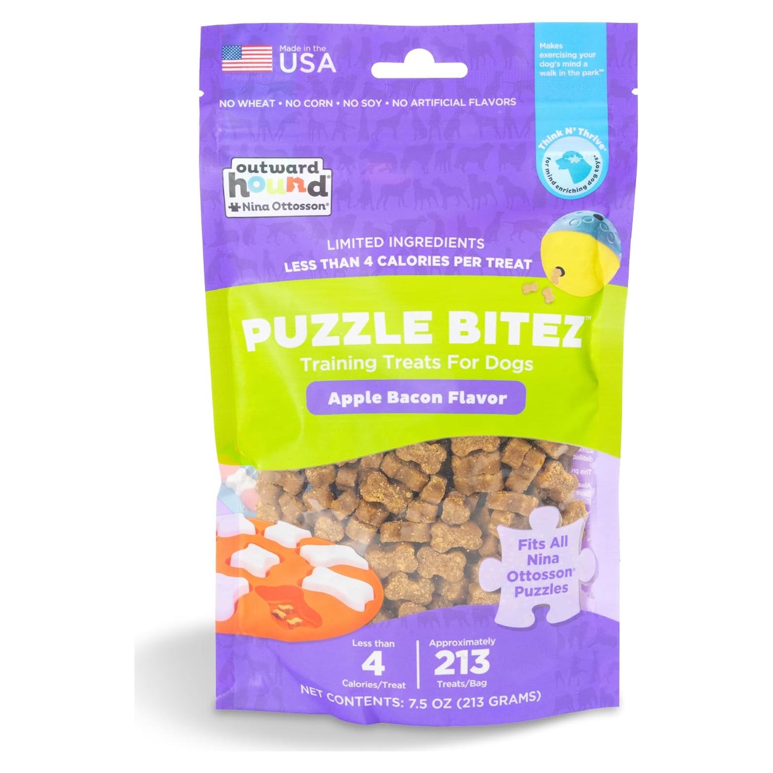 Outward Hound by Nina Ottosson Puzzle Bitez USA Made Dog Treats, Apple Bacon Flavor, Bite-Sized Training Reward and Interactive Puzzle Toy Treats, 7.5oz