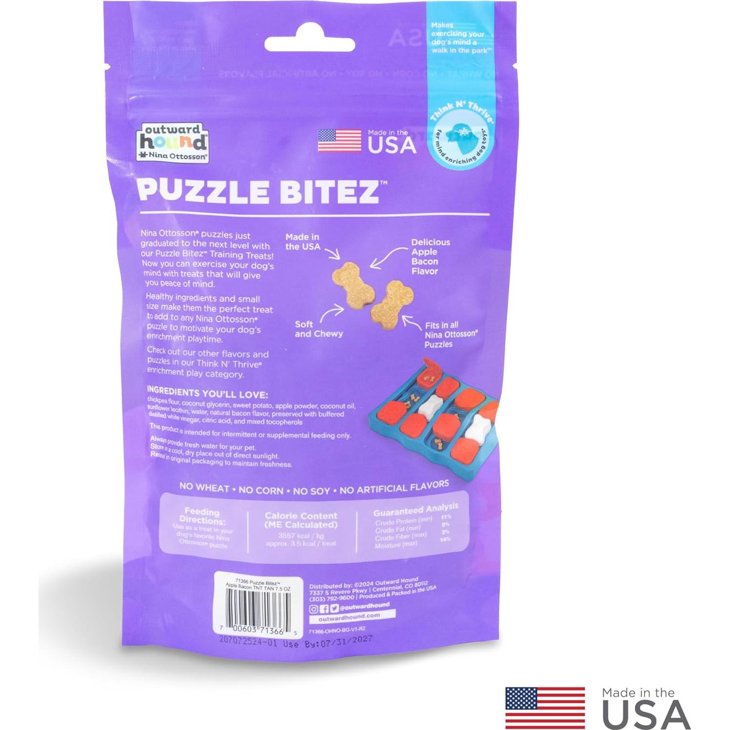 Outward Hound by Nina Ottosson Puzzle Bitez USA Made Dog Treats, Apple Bacon Flavor, Bite-Sized Training Reward and Interactive Puzzle Toy Treats, 7.5oz