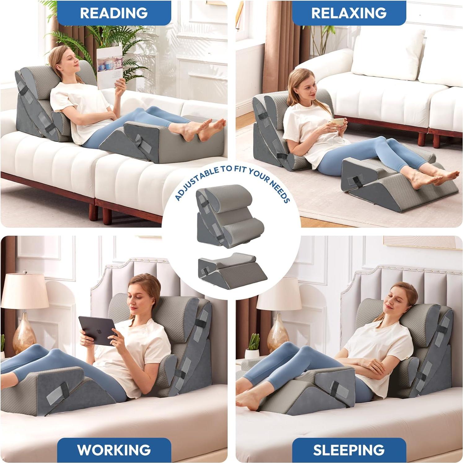 6PCS Wedge Pillow Set for After Surgery, Sit Up Pillow for Bed, Back Support Pillow, Bed Wedge for Shoulder, Leg Pain Relief, Post Surgery Pillow for Sleeping, Acid Reflux, Grey