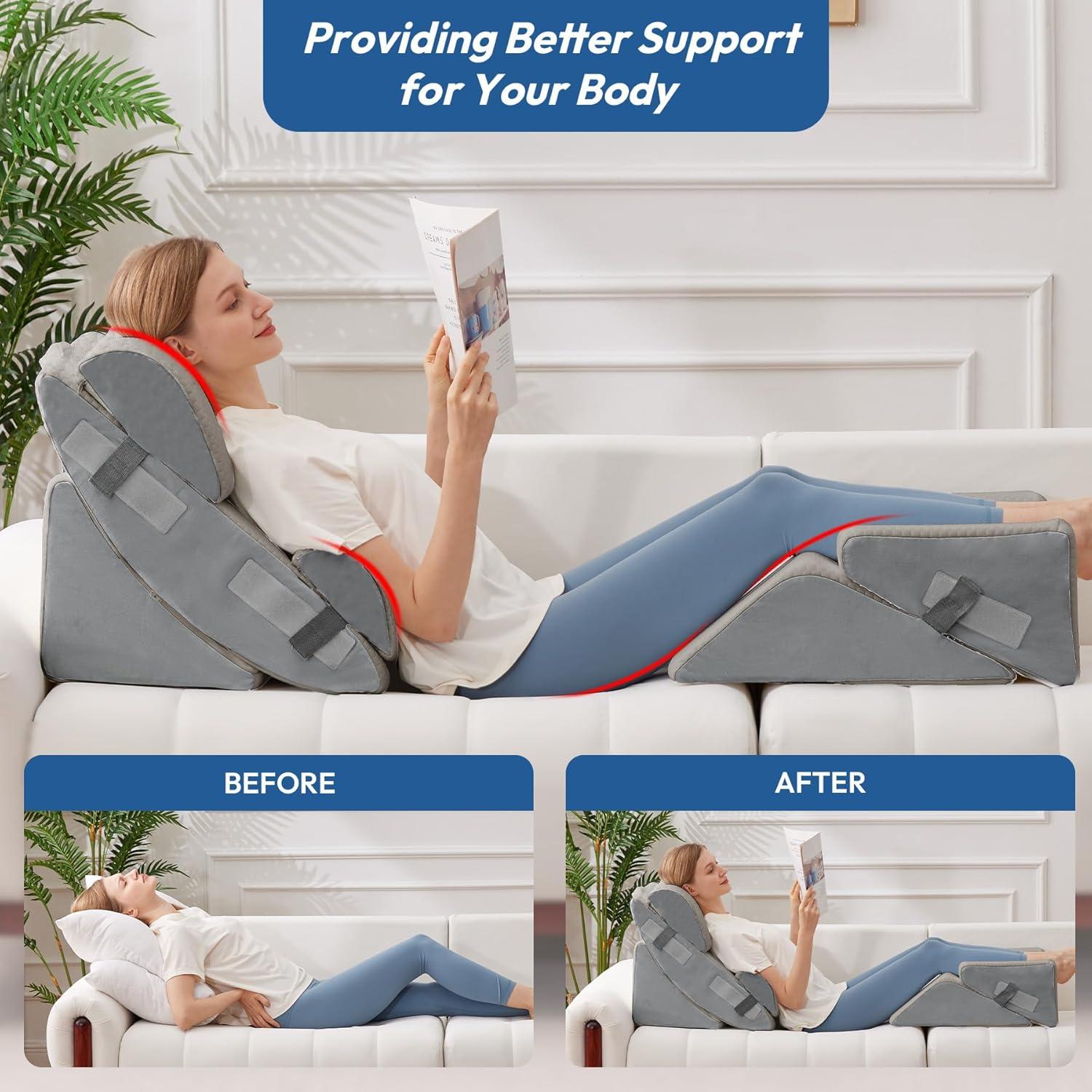 6PCS Wedge Pillow Set for After Surgery, Sit Up Pillow for Bed, Back Support Pillow, Bed Wedge for Shoulder, Leg Pain Relief, Post Surgery Pillow for Sleeping, Acid Reflux, Grey