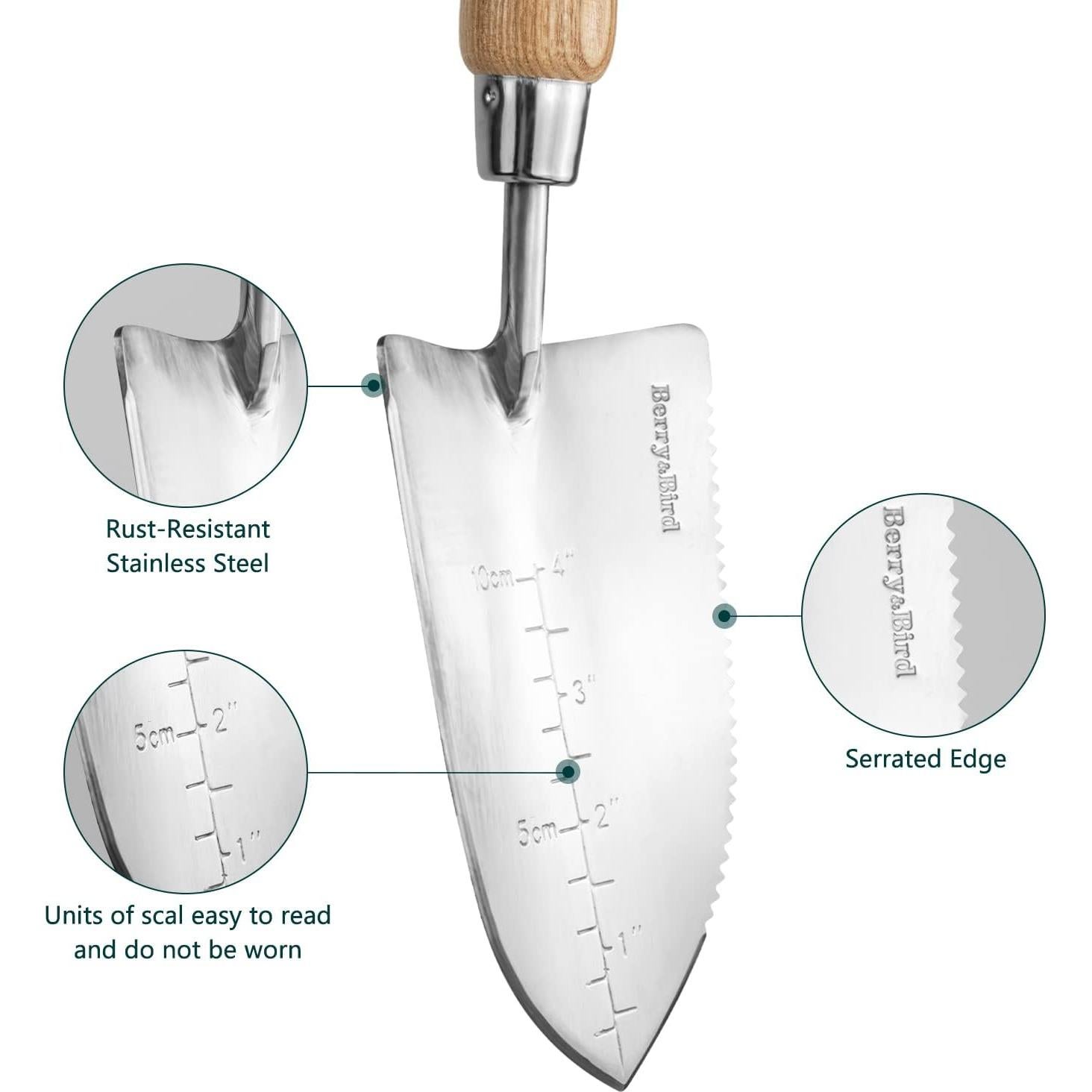 Garden Serrated Planting Trowel, Multifunctional Shovel with ash Wood and Stainless Steel Digging Trowel Transplanter