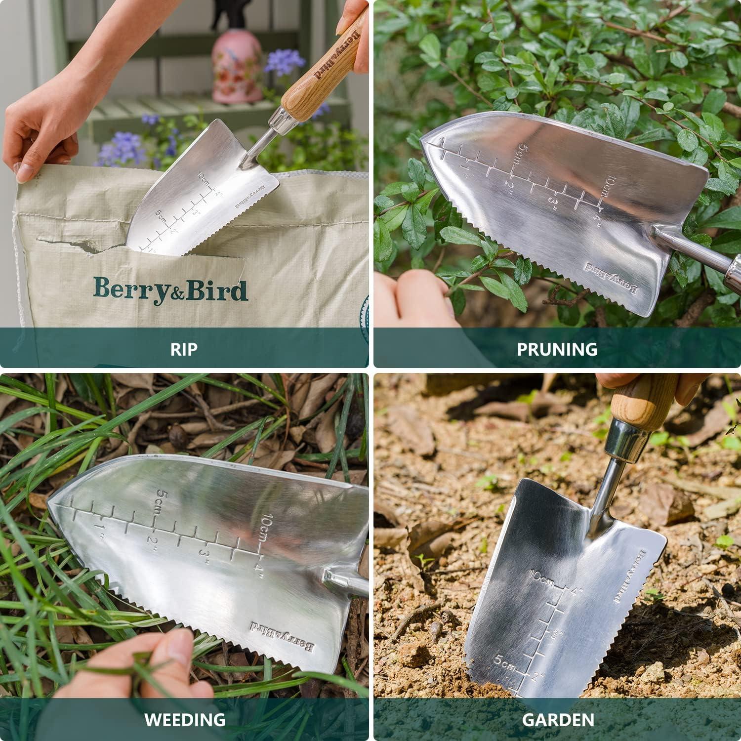 Garden Serrated Planting Trowel, Multifunctional Shovel with ash Wood and Stainless Steel Digging Trowel Transplanter