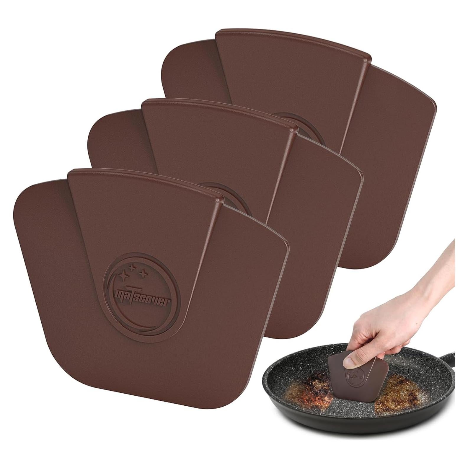 Pan Scraper Dish Scraper Tool - Pot Scraper Plastic for Cast Iron Skillet Cookware Cleaning, 3 Pcs Non Scratch Plastic Food Scraper Tool Kitchen, Heat Resistant Kitchen Scraper, Brown