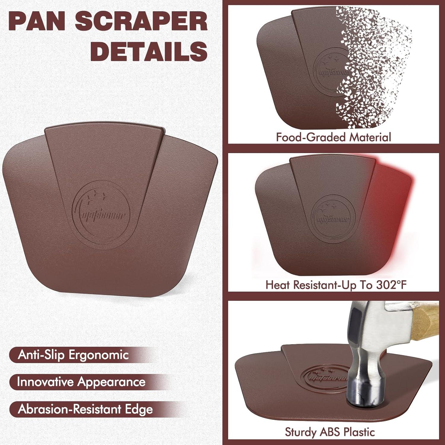 Pan Scraper Dish Scraper Tool - Pot Scraper Plastic for Cast Iron Skillet Cookware Cleaning, 3 Pcs Non Scratch Plastic Food Scraper Tool Kitchen, Heat Resistant Kitchen Scraper, Brown