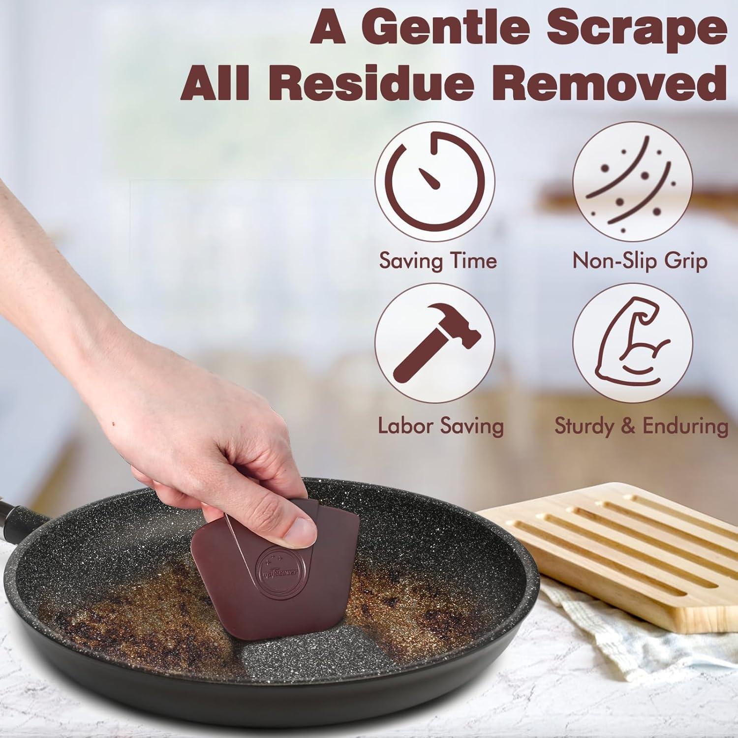 Pan Scraper Dish Scraper Tool - Pot Scraper Plastic for Cast Iron Skillet Cookware Cleaning, 3 Pcs Non Scratch Plastic Food Scraper Tool Kitchen, Heat Resistant Kitchen Scraper, Brown