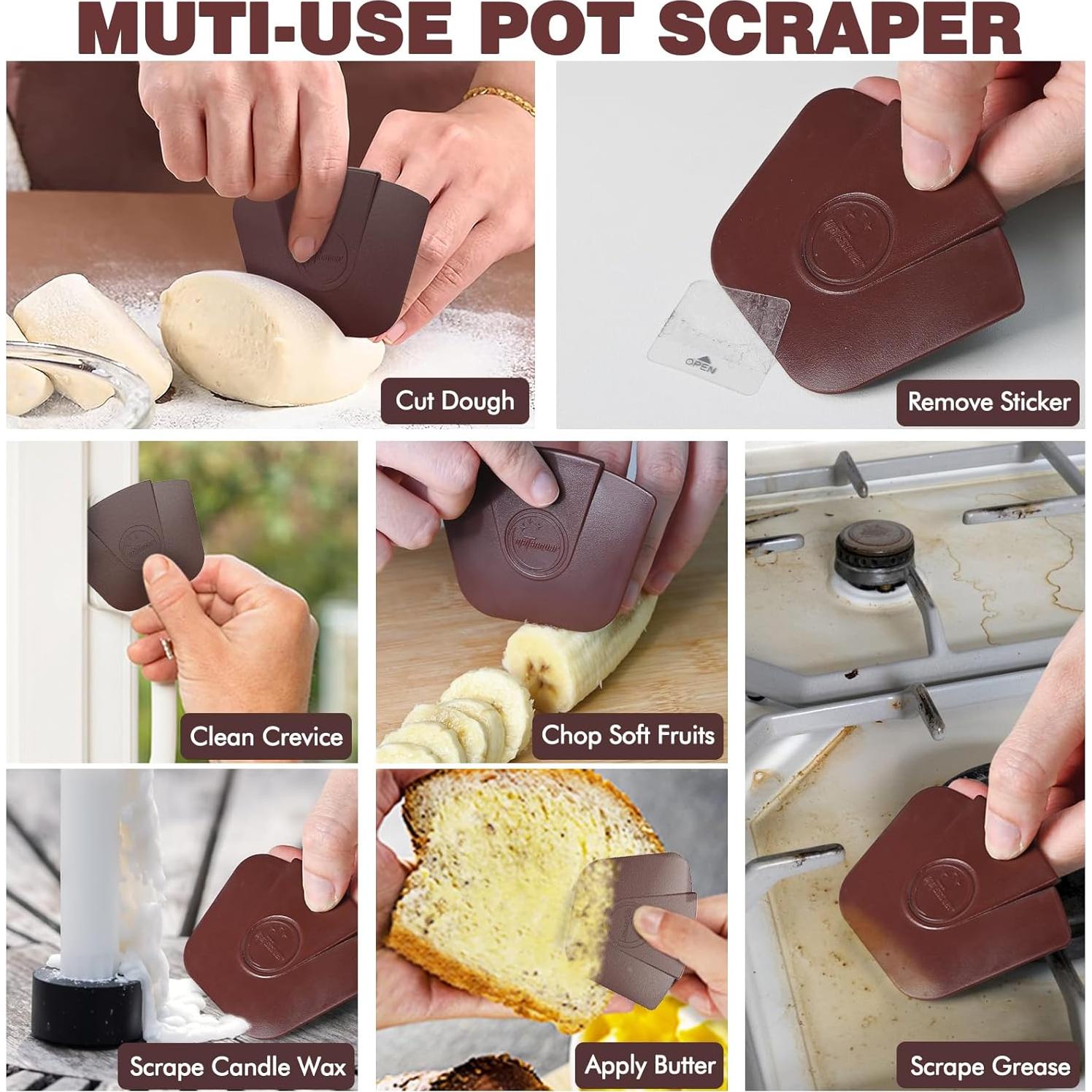 Pan Scraper Dish Scraper Tool - Pot Scraper Plastic for Cast Iron Skillet Cookware Cleaning, 3 Pcs Non Scratch Plastic Food Scraper Tool Kitchen, Heat Resistant Kitchen Scraper, Brown