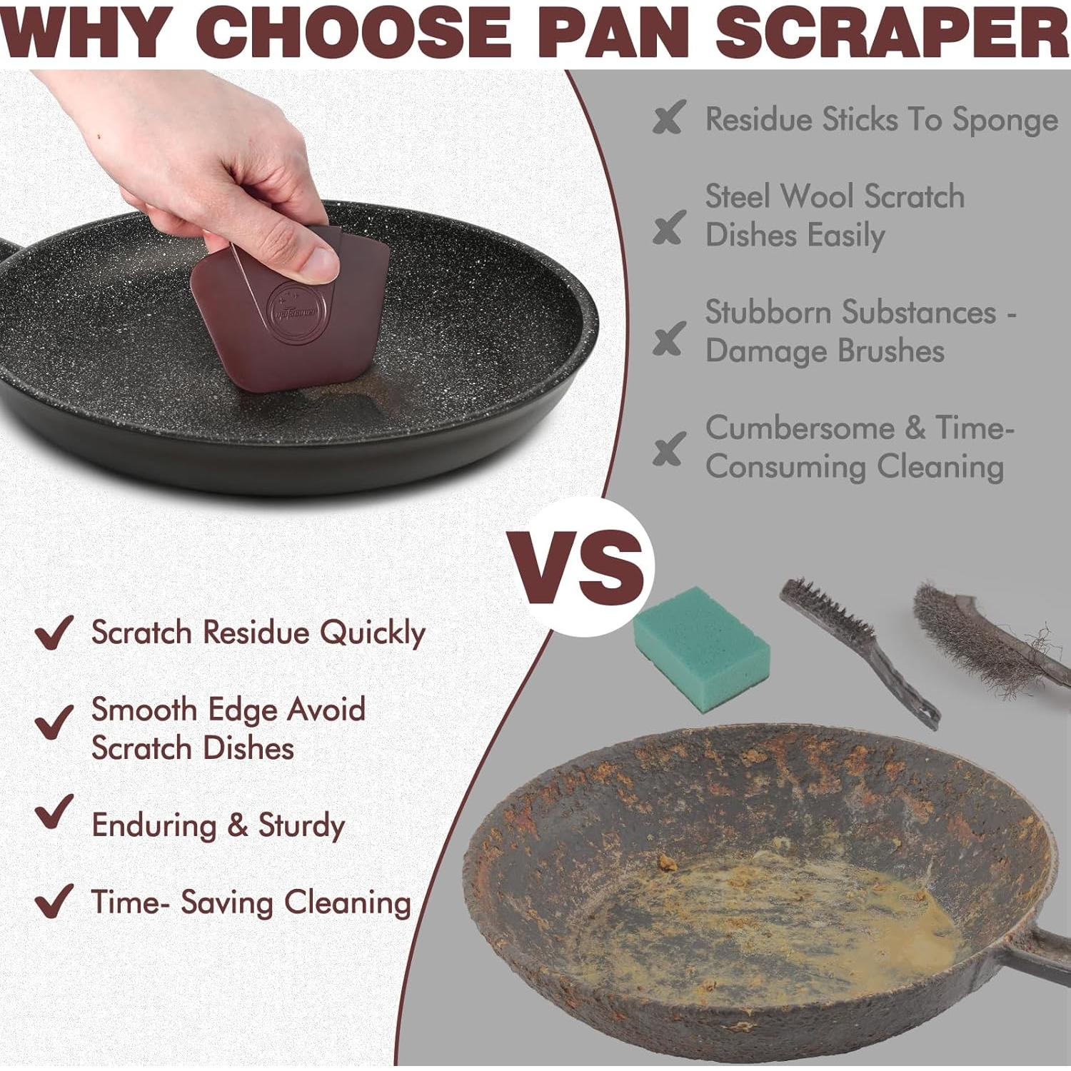 Pan Scraper Dish Scraper Tool - Pot Scraper Plastic for Cast Iron Skillet Cookware Cleaning, 3 Pcs Non Scratch Plastic Food Scraper Tool Kitchen, Heat Resistant Kitchen Scraper, Brown