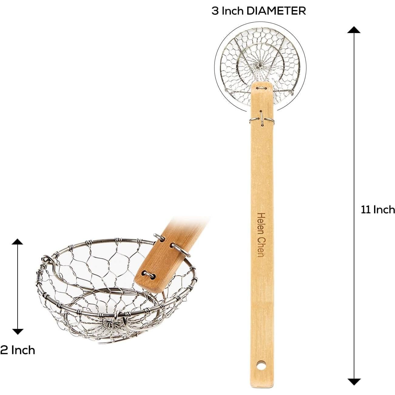 Helen’s Asian Kitchen Spider Strainer | Compact 3-Inch Bamboo Wire Mesh Ladle with Handcrafted Handle for Precision Cooking and Small Portions