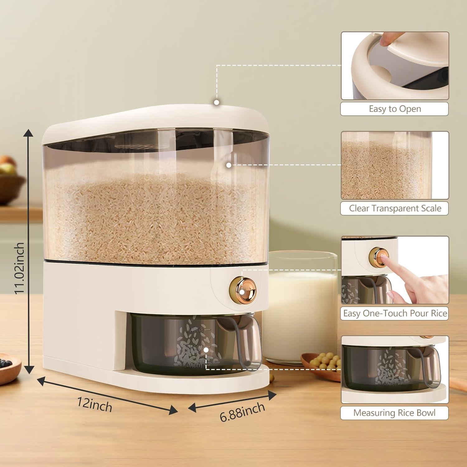 Clear Rice Dispenser, 12 Lbs Food Storage Container with Lid Time Scale, Measuring Cylinder Moisture Proof, Cereal Dispenser Bucket for Kitchen Pantry Organization (12 Lbs Clear and White)