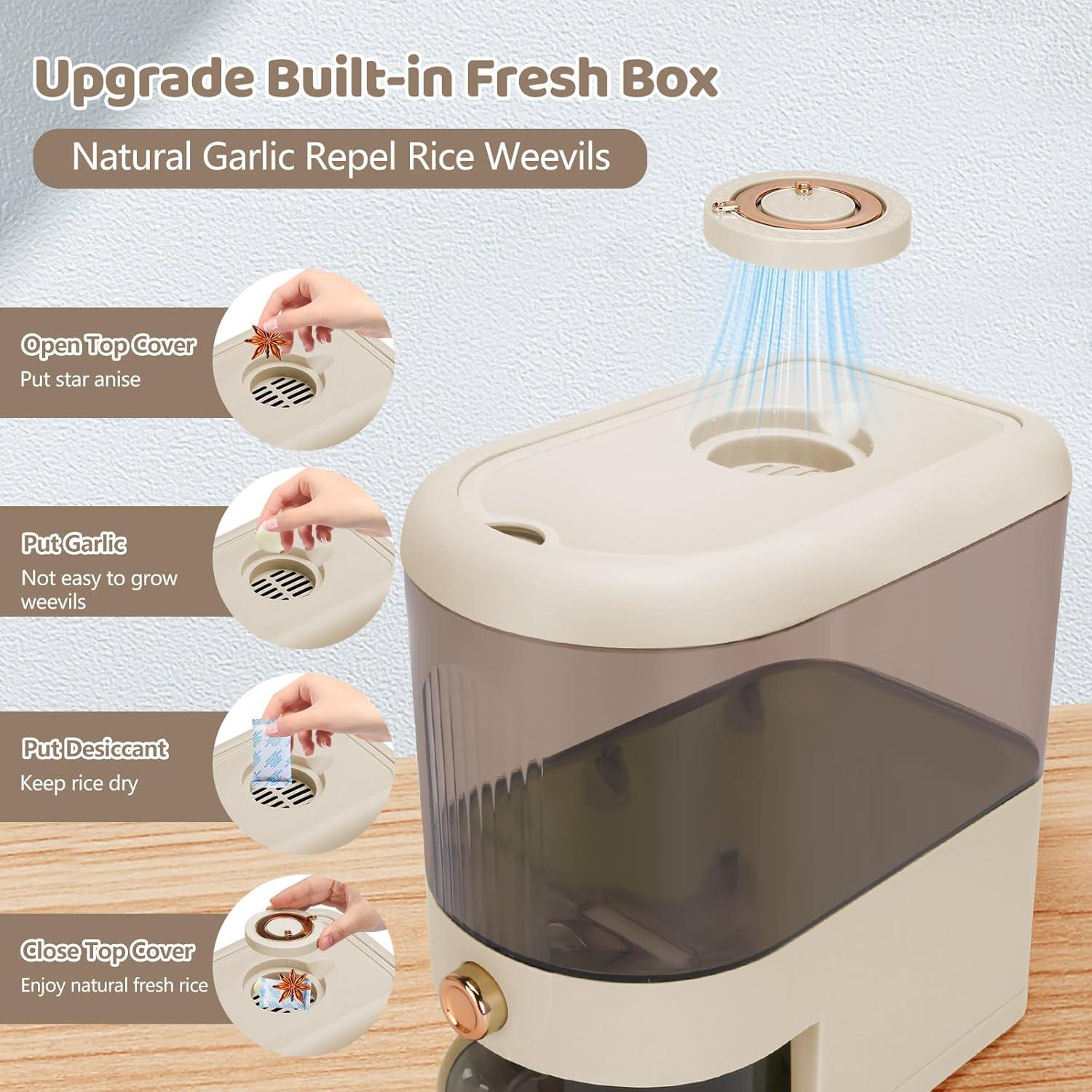 Clear Rice Dispenser, 12 Lbs Food Storage Container with Lid Time Scale, Measuring Cylinder Moisture Proof, Cereal Dispenser Bucket for Kitchen Pantry Organization (12 Lbs Clear and White)