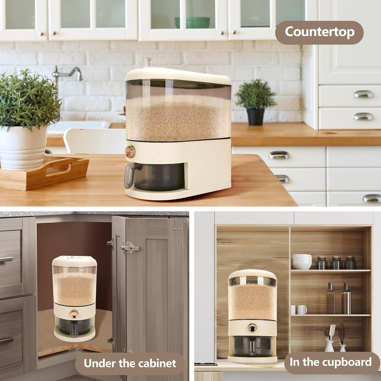 Clear Rice Dispenser, 12 Lbs Food Storage Container with Lid Time Scale, Measuring Cylinder Moisture Proof, Cereal Dispenser Bucket for Kitchen Pantry Organization (12 Lbs Clear and White)