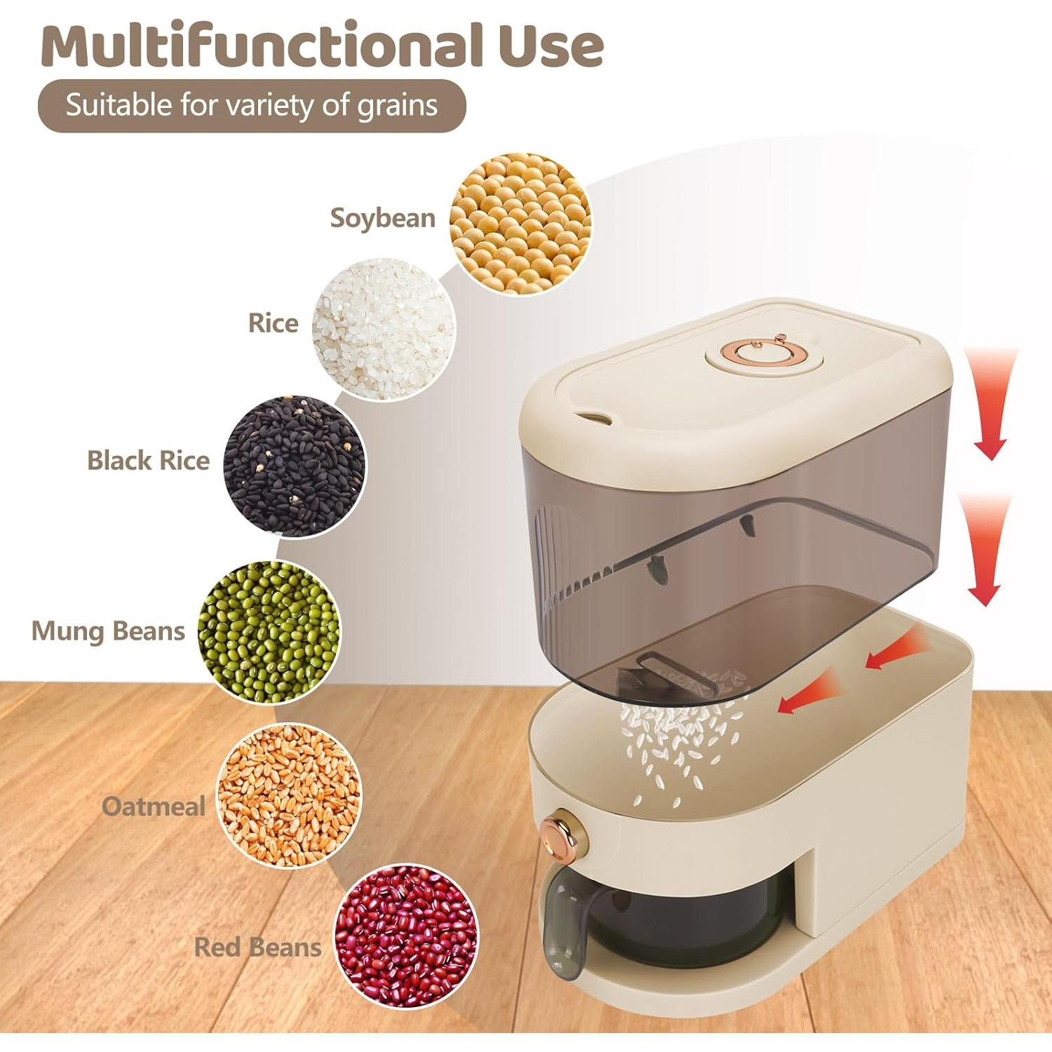 Clear Rice Dispenser, 12 Lbs Food Storage Container with Lid Time Scale, Measuring Cylinder Moisture Proof, Cereal Dispenser Bucket for Kitchen Pantry Organization (12 Lbs Clear and White)