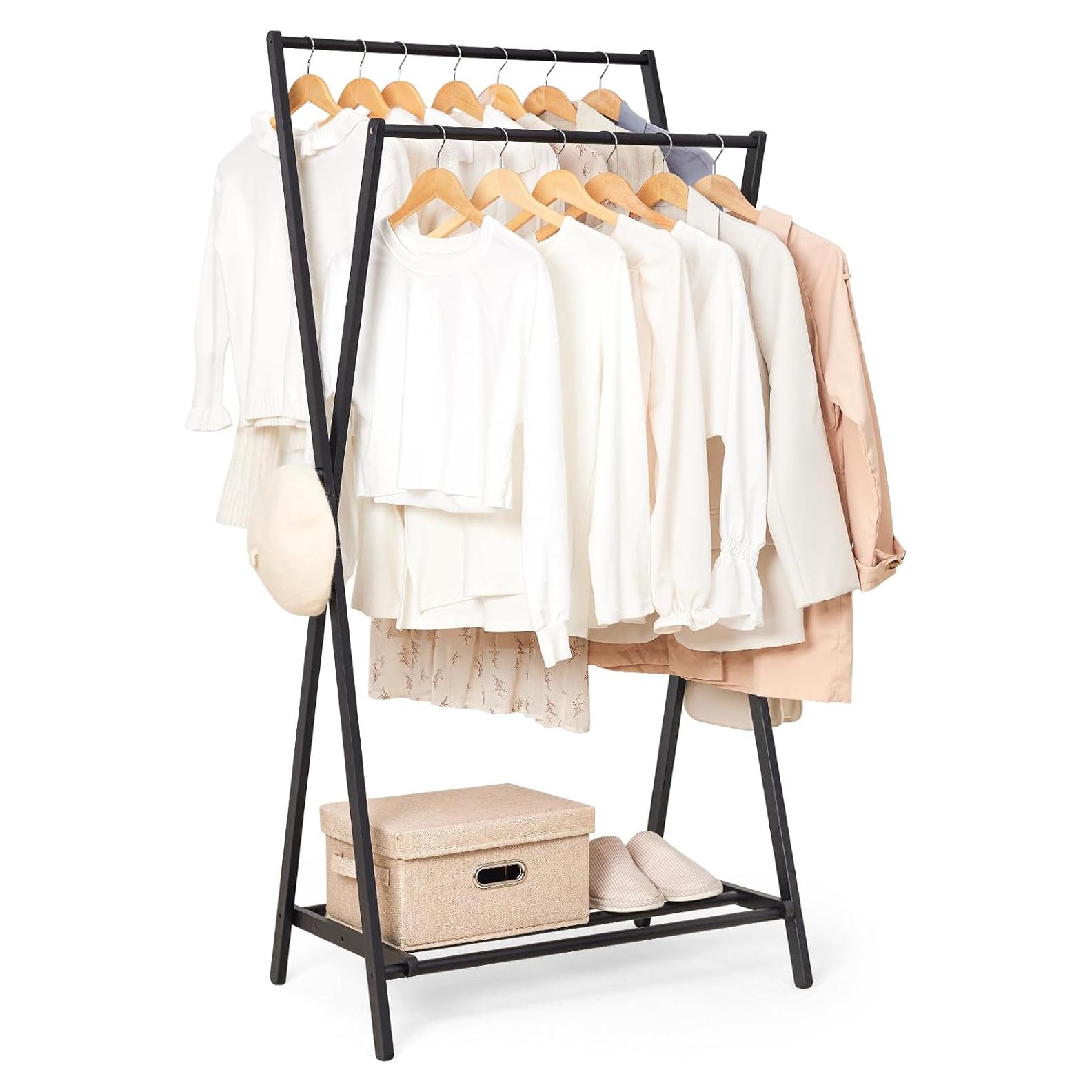 Bamboo Clothes Rack with Storage Shelf, Portable Garment Holder Clothing Hanger for Hanging Cloth, Foldable Wardrobe Storage for Entryway and Bed Room (Black)