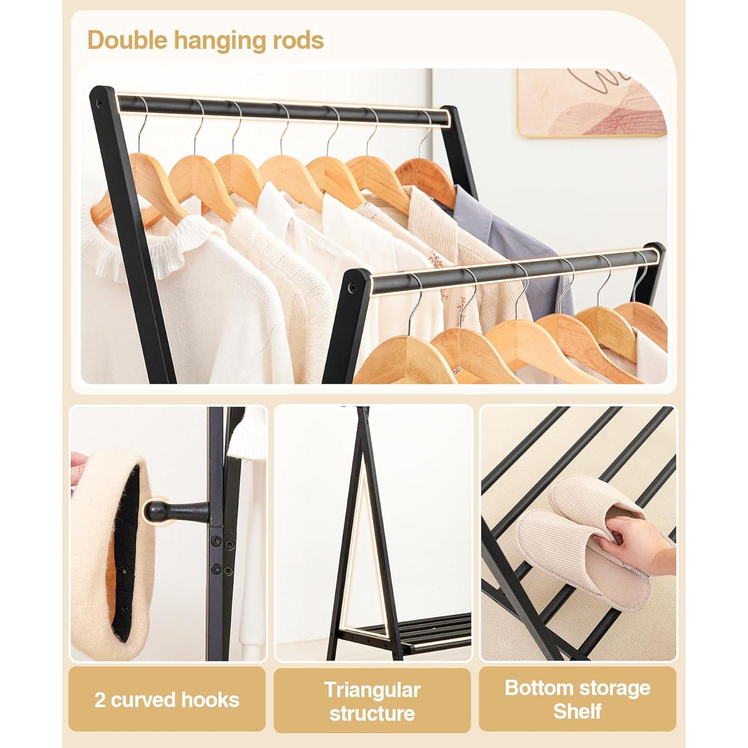 Bamboo Clothes Rack with Storage Shelf, Portable Garment Holder Clothing Hanger for Hanging Cloth, Foldable Wardrobe Storage for Entryway and Bed Room (Black)