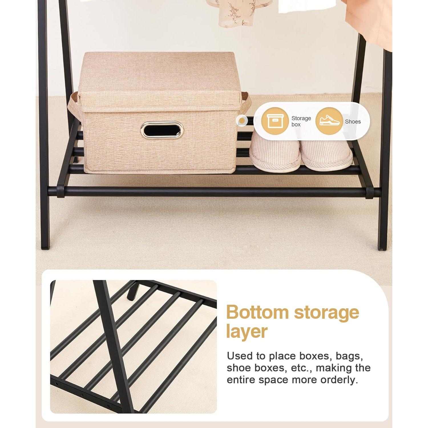 Bamboo Clothes Rack with Storage Shelf, Portable Garment Holder Clothing Hanger for Hanging Cloth, Foldable Wardrobe Storage for Entryway and Bed Room (Black)