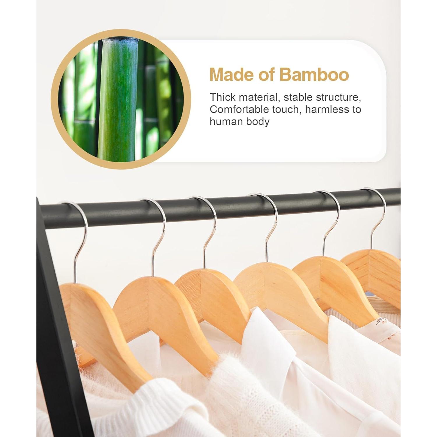 Bamboo Clothes Rack with Storage Shelf, Portable Garment Holder Clothing Hanger for Hanging Cloth, Foldable Wardrobe Storage for Entryway and Bed Room (Black)