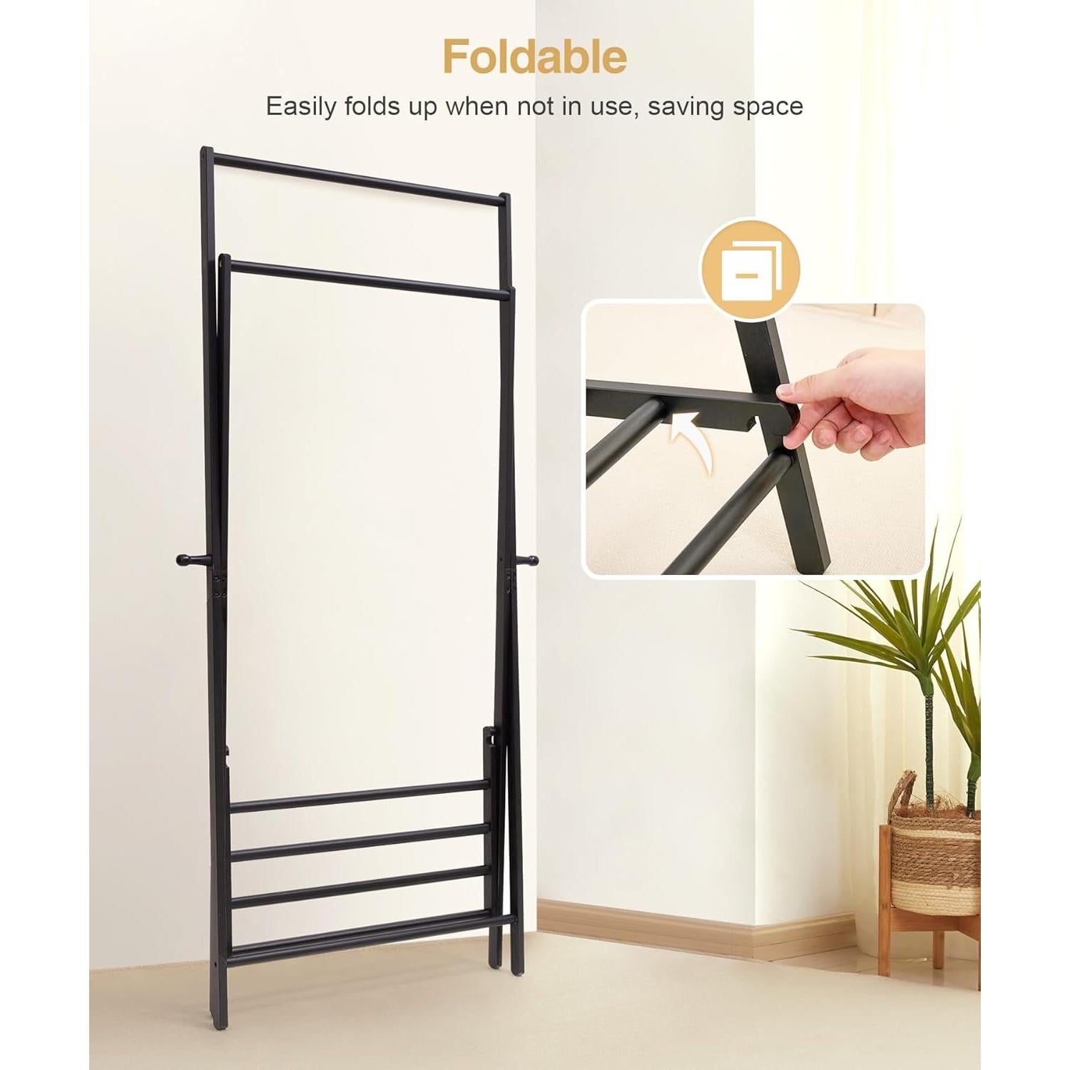 Bamboo Clothes Rack with Storage Shelf, Portable Garment Holder Clothing Hanger for Hanging Cloth, Foldable Wardrobe Storage for Entryway and Bed Room (Black)