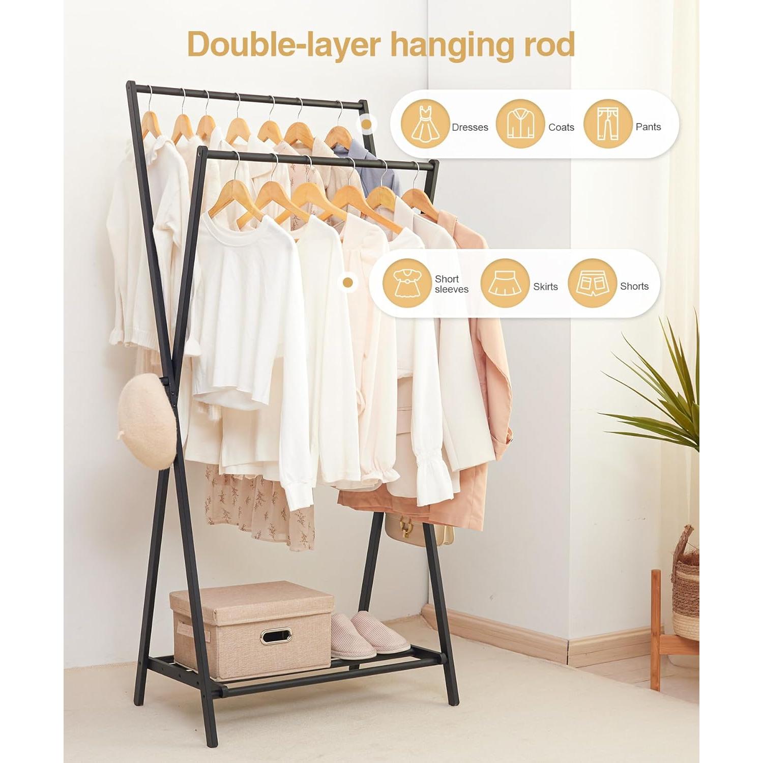 Bamboo Clothes Rack with Storage Shelf, Portable Garment Holder Clothing Hanger for Hanging Cloth, Foldable Wardrobe Storage for Entryway and Bed Room (Black)