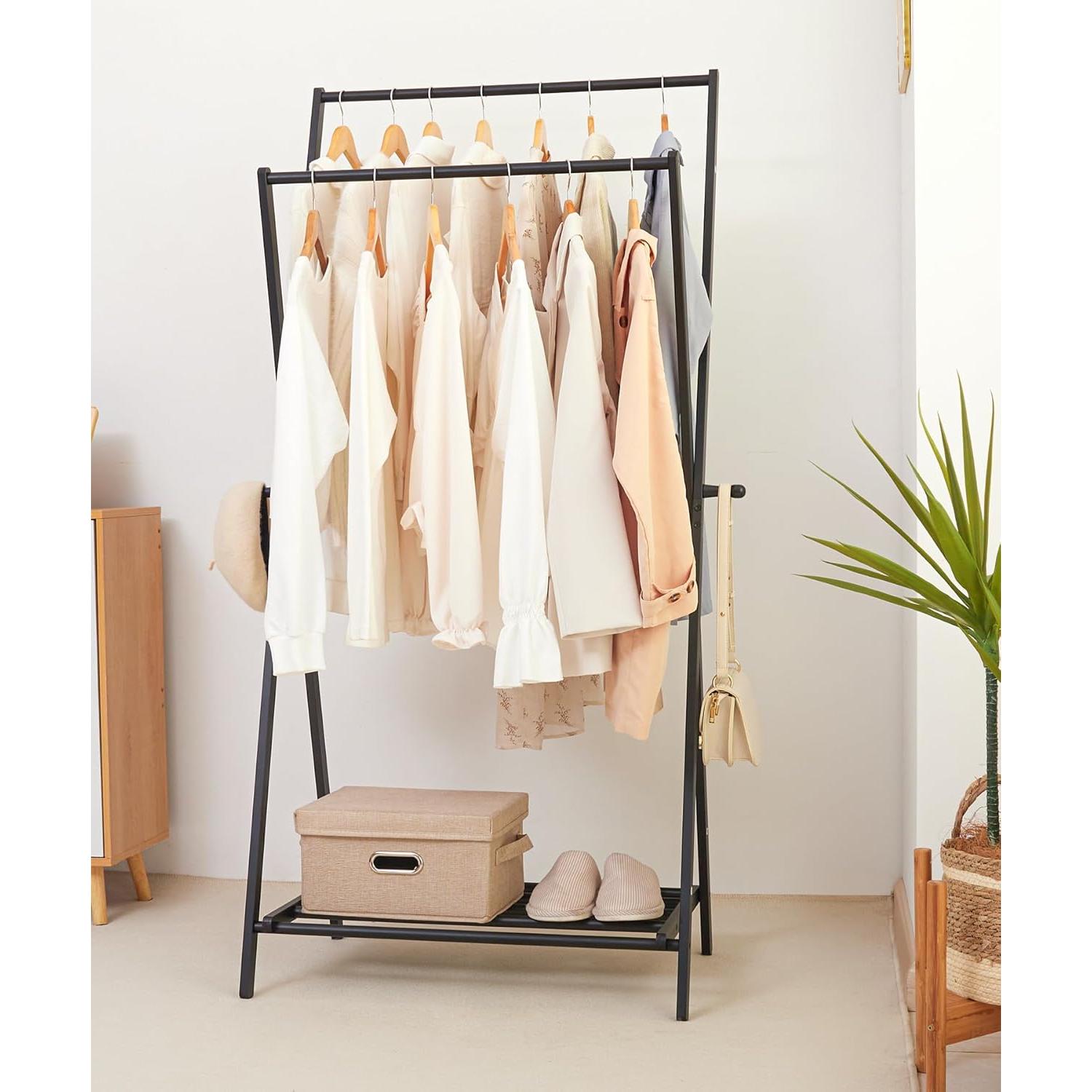 Bamboo Clothes Rack with Storage Shelf, Portable Garment Holder Clothing Hanger for Hanging Cloth, Foldable Wardrobe Storage for Entryway and Bed Room (Black)