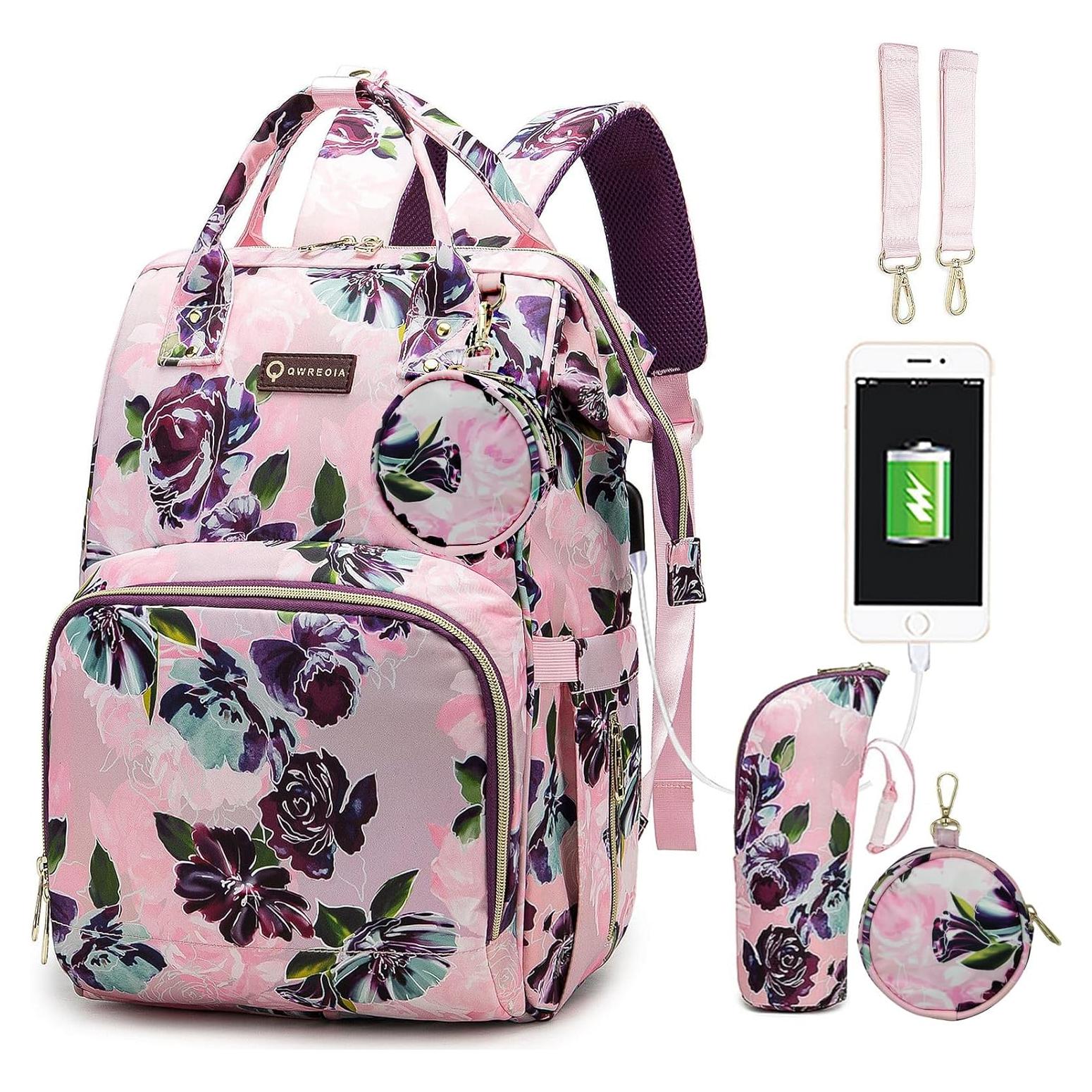 Mochila de Pañales Floral con Cargador USB y 14 Bolsillos