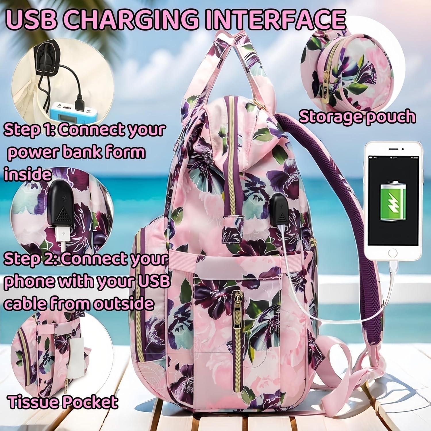 Mochila de Pañales Floral con Cargador USB y 14 Bolsillos