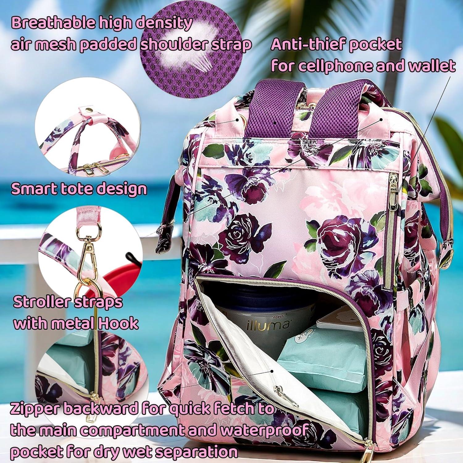Mochila de Pañales Floral con Cargador USB y 14 Bolsillos