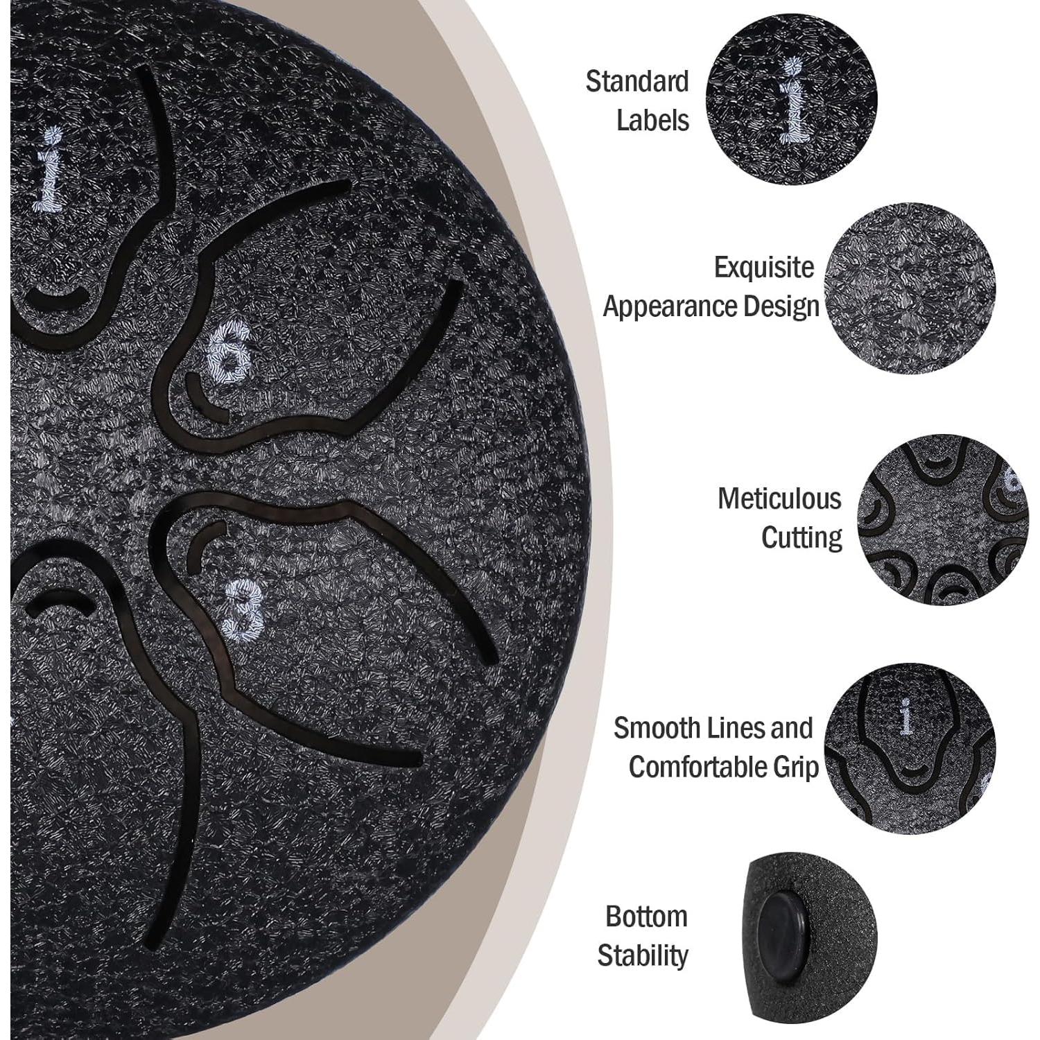 Tambor de Lengua de Acero 20 cm 6 Notas Negro con Accesorios