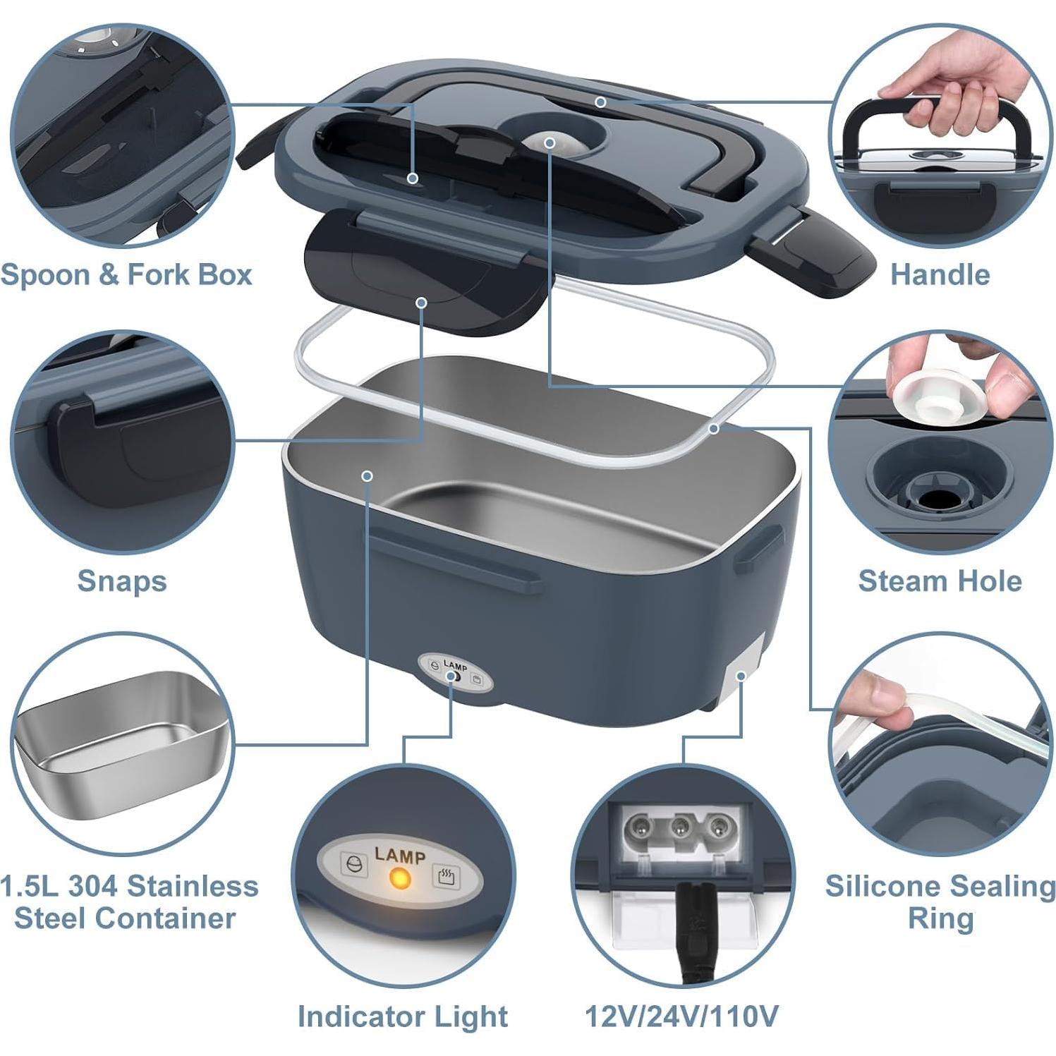 Caja de Almuerzo Eléctrica WisaKey 1.5L Acero Inoxidable 12V/24V/110V