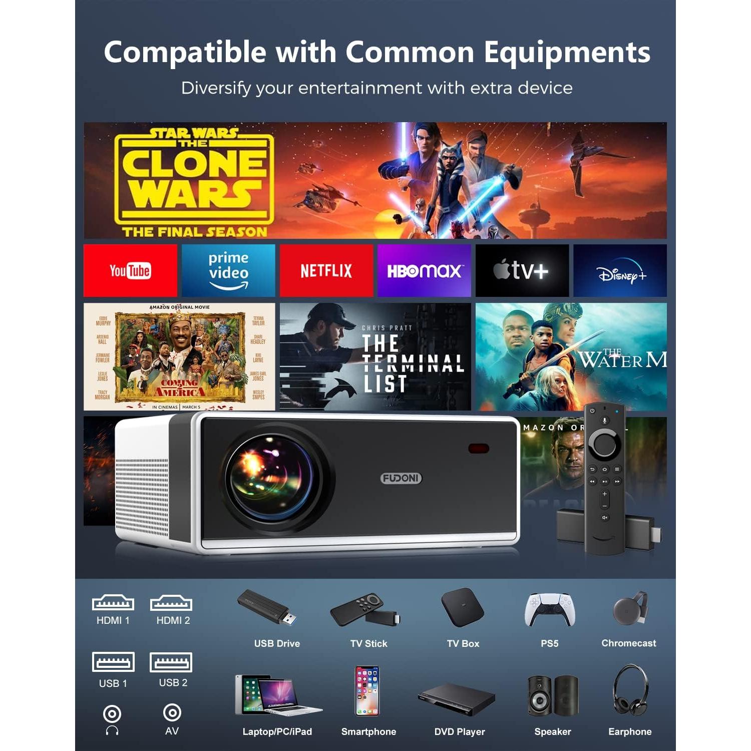 FUDONI Projector with WiFi and Bluetooth, Outdoor Portable 4K Support Projector 18000L HD 1080P Max 300" Display Zoom, Movie Video Home Theater Projector Compatible w/HDMI/USB/Phone/Laptop/TV Stick