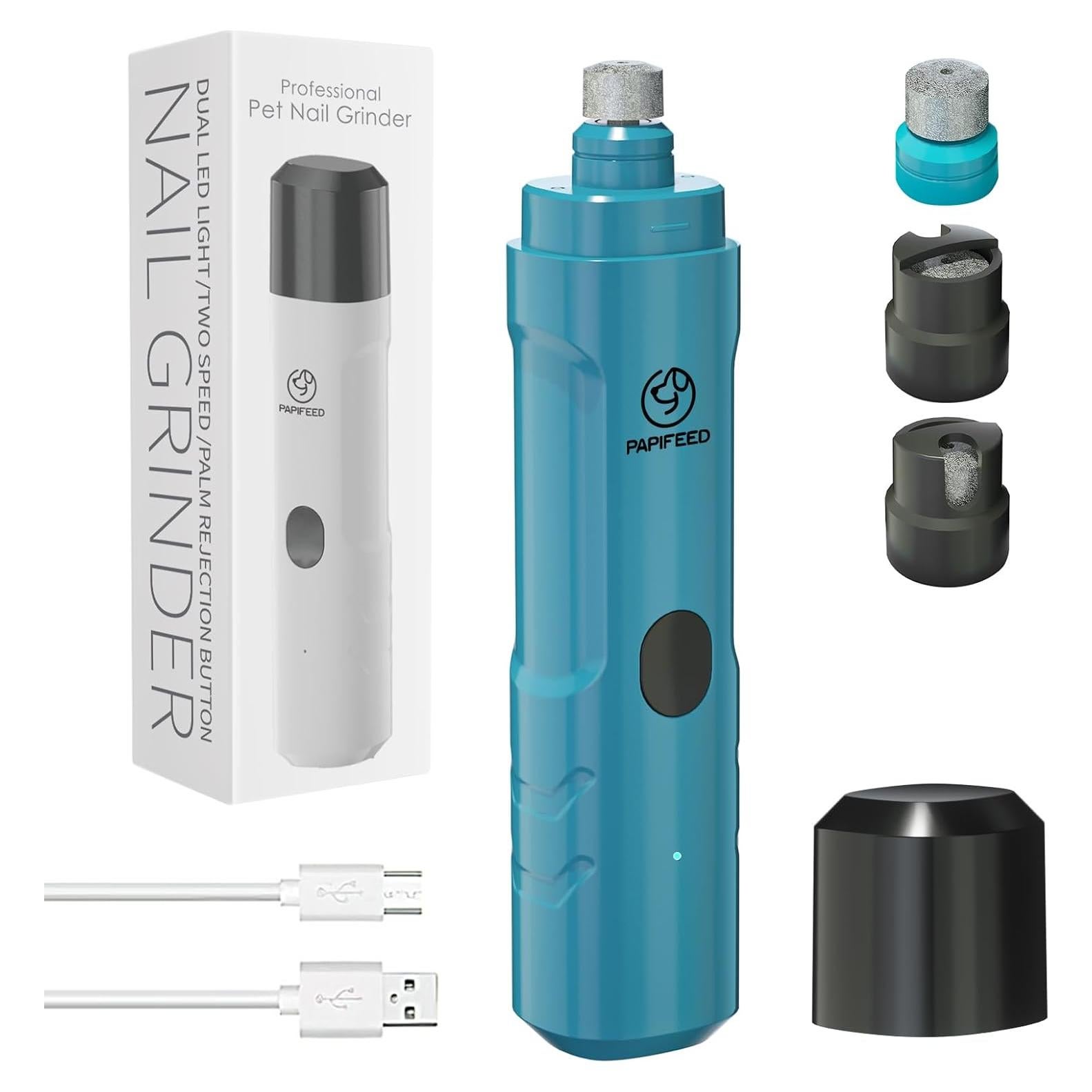 Dog Nail Grinder with 2 LED Light,3-Speed Rechargeable Dog Nail Trimmers, Upgraded Powerful Electric Dog Toe Nail File Quiet Painless, Paws Grooming for Small Medium Large Dogs Cats-Blue