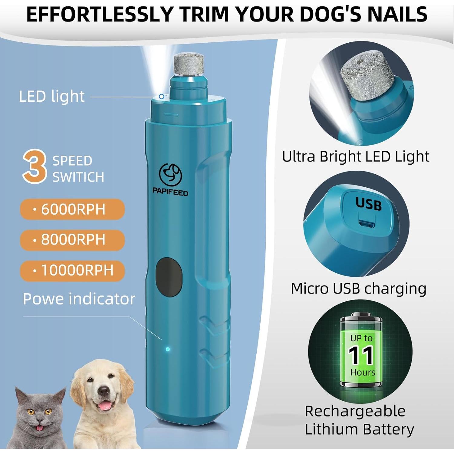 Dog Nail Grinder with 2 LED Light,3-Speed Rechargeable Dog Nail Trimmers, Upgraded Powerful Electric Dog Toe Nail File Quiet Painless, Paws Grooming for Small Medium Large Dogs Cats-Blue