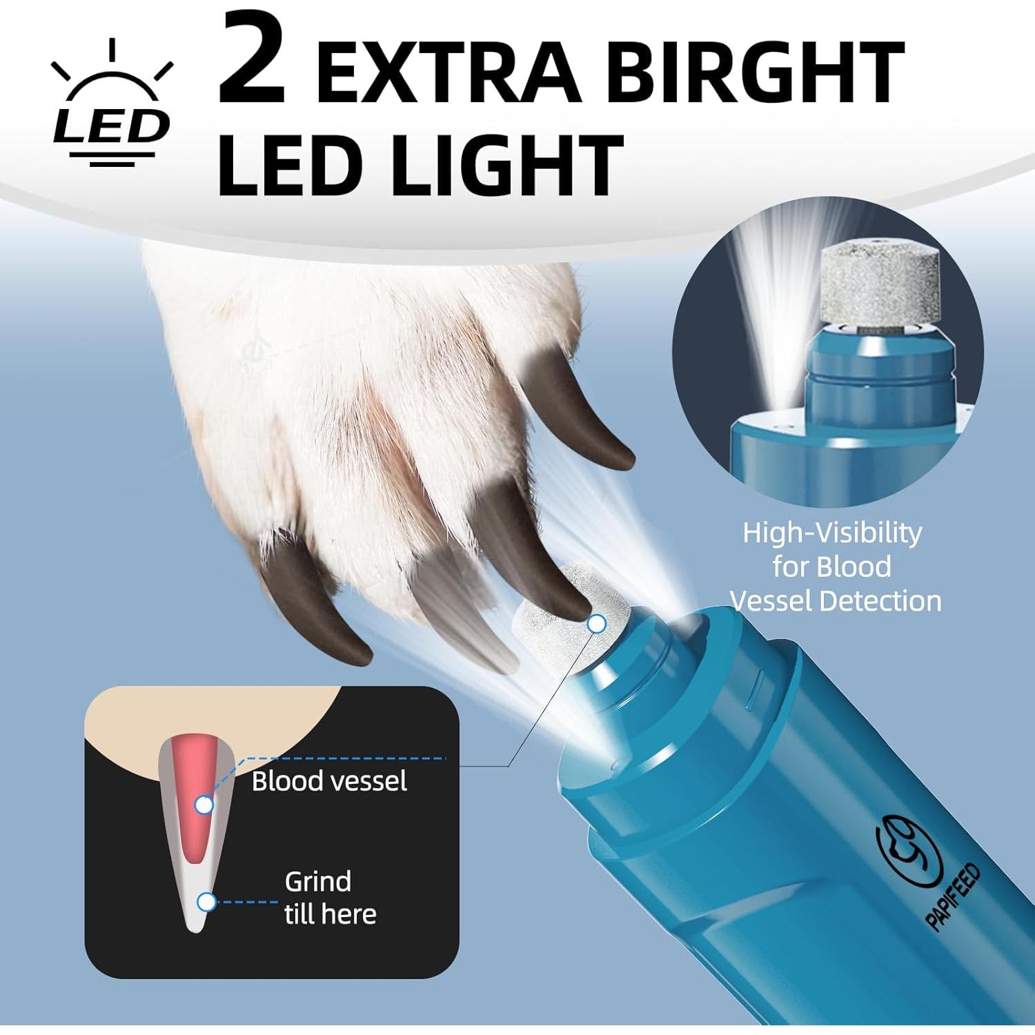 Dog Nail Grinder with 2 LED Light,3-Speed Rechargeable Dog Nail Trimmers, Upgraded Powerful Electric Dog Toe Nail File Quiet Painless, Paws Grooming for Small Medium Large Dogs Cats-Blue