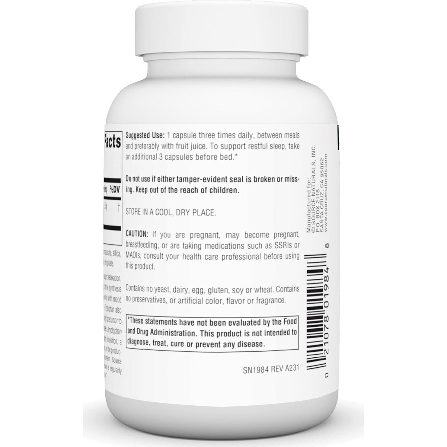 L-Triptófano Source Naturals 500mg - 60 Cápsulas Veganas