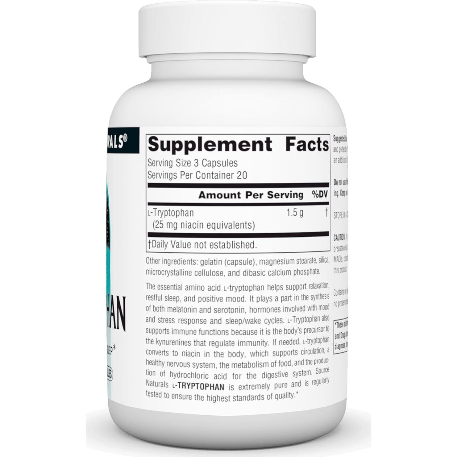 L-Triptófano Source Naturals 500mg - 60 Cápsulas Veganas