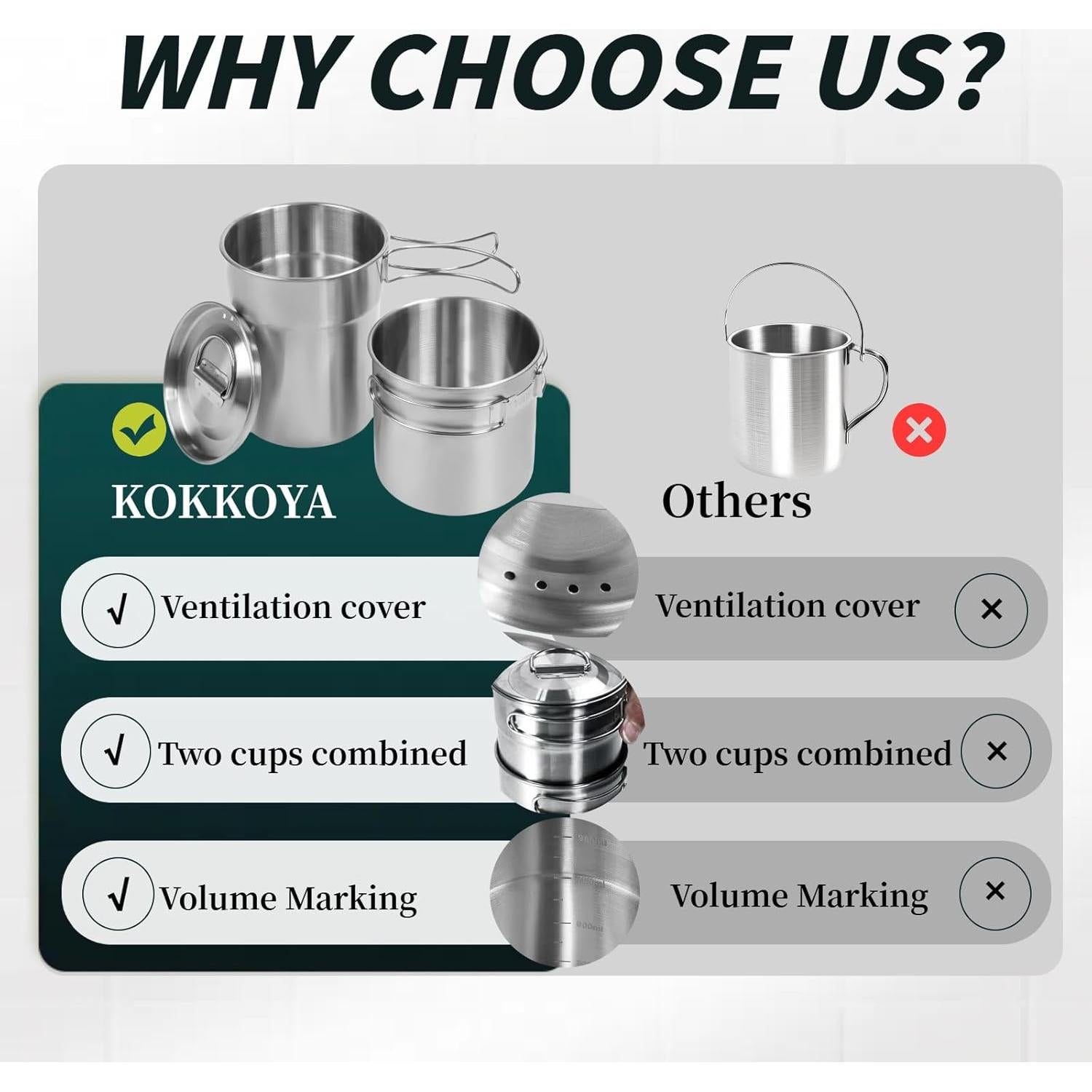 Juego de Tazas de Camping KOKKOYA Acero Inoxidable 2 Piezas