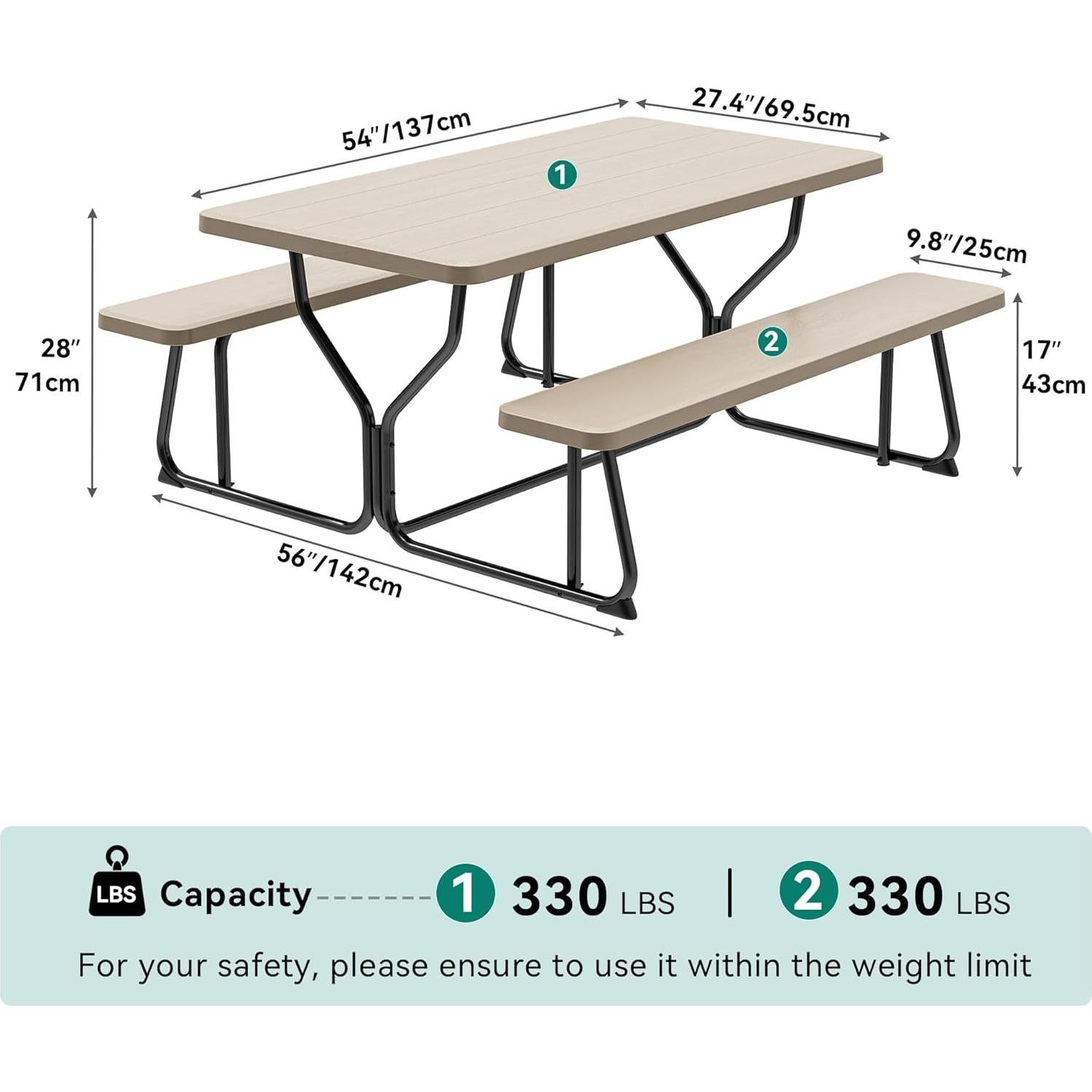 Mesa de Picnic YITAHOME 1.37m Resina y Acero Exterior Marrón
