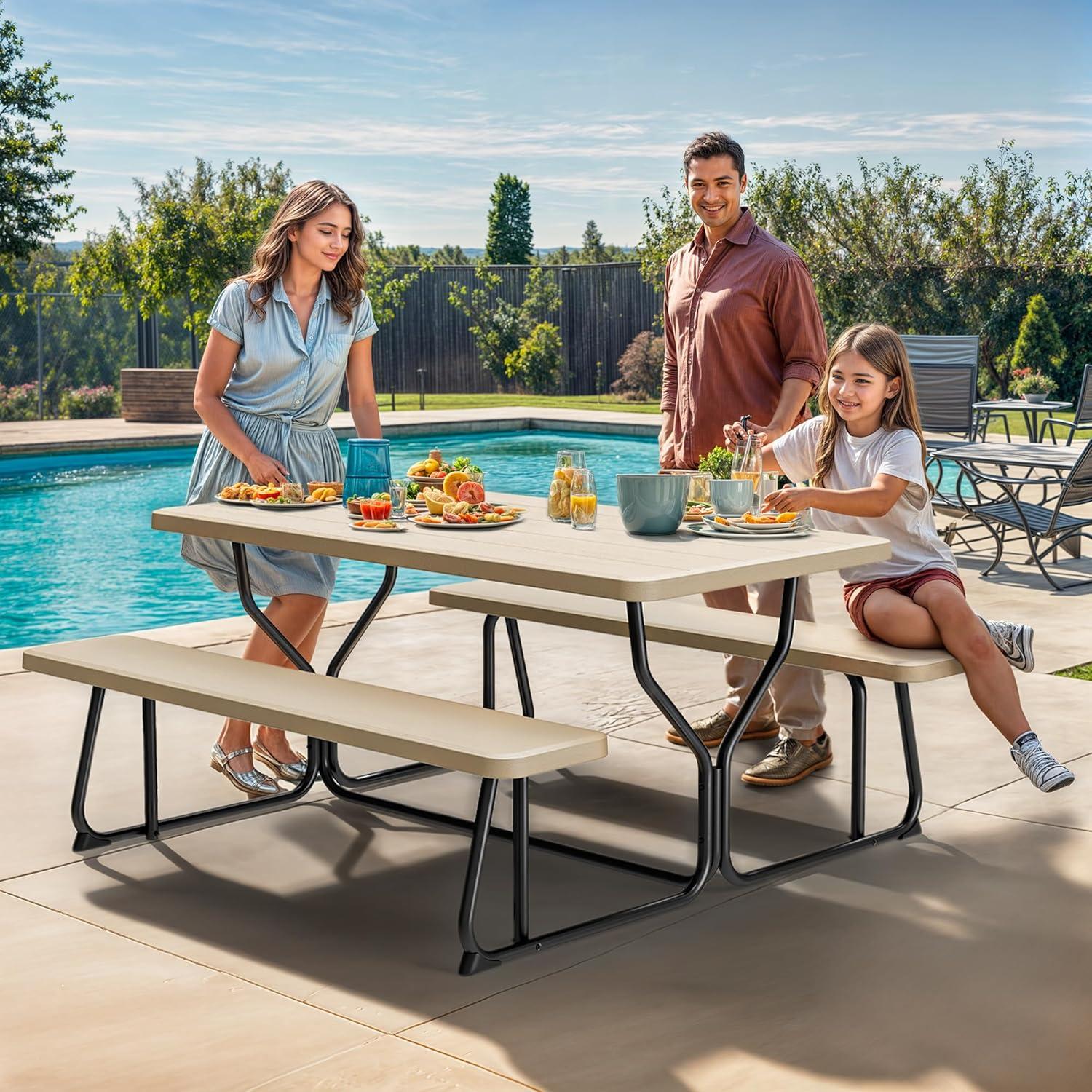 Mesa de Picnic YITAHOME 1.37m Resina y Acero Exterior Marrón