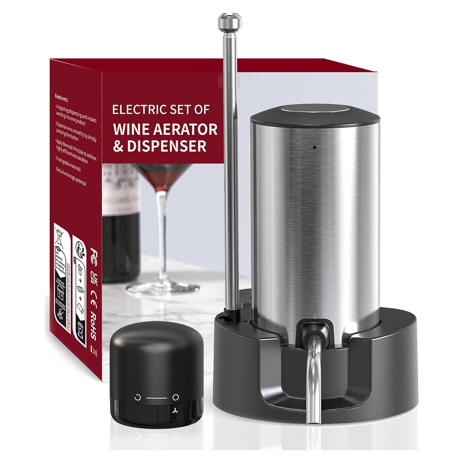 JOQINEER Electric Wine Aerator Pourer Decanter Type C Rechargeable Automatic Wine Dispenser with Retractable Tube Stand Base for One-Touch Instant Oxidation for Wine Lovers