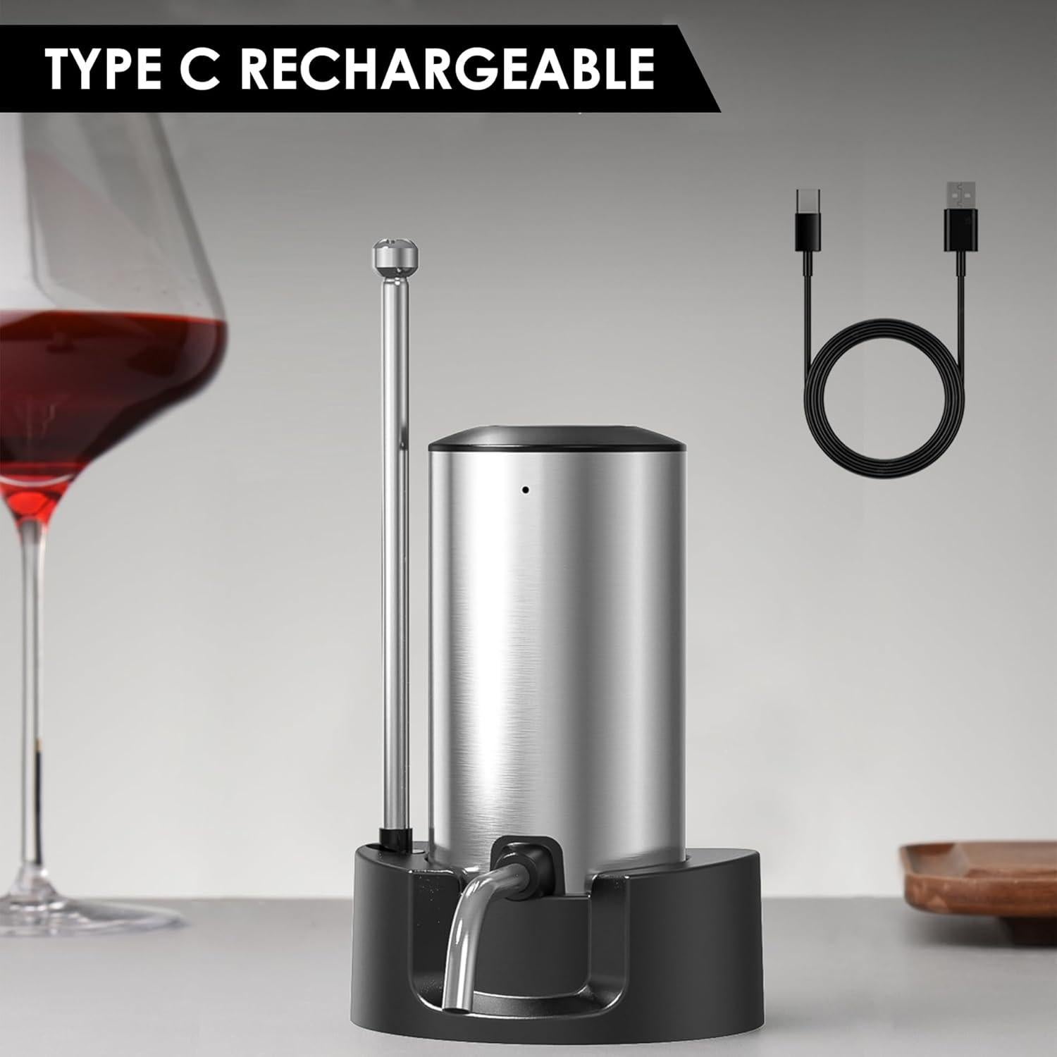 JOQINEER Electric Wine Aerator Pourer Decanter Type C Rechargeable Automatic Wine Dispenser with Retractable Tube Stand Base for One-Touch Instant Oxidation for Wine Lovers
